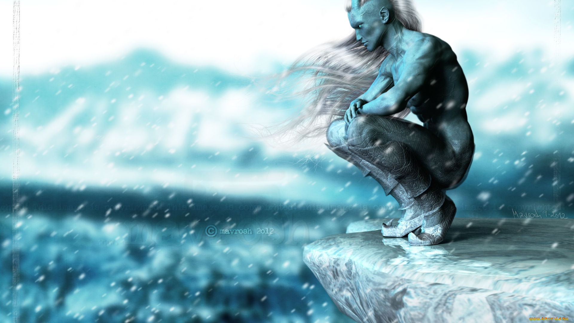 3д, графика, существа, , creatures, лёд, синий, парень, рога