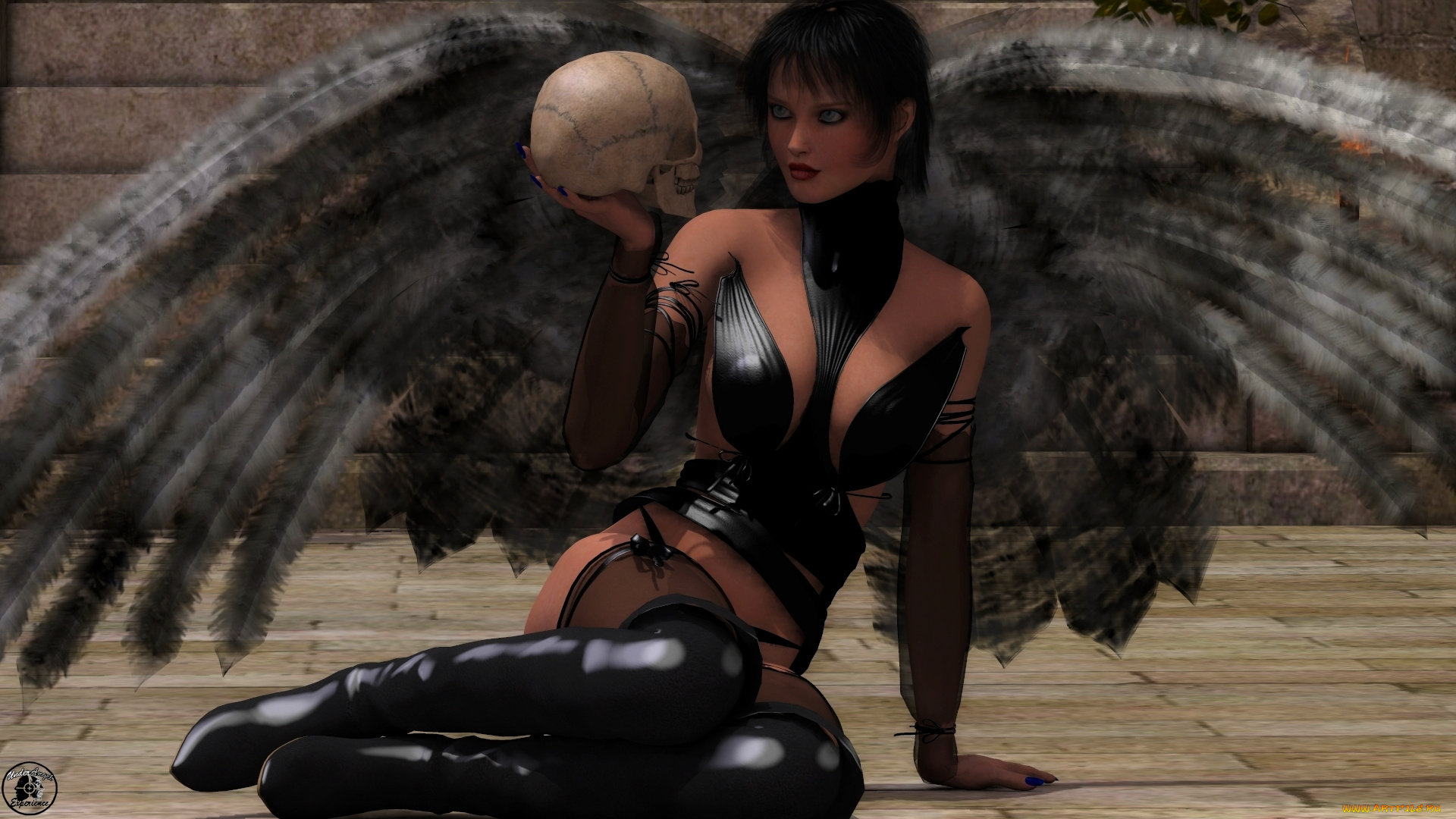 3д, графика, существа, , creatures, взгляд, сапоги, фон, демон, девушка, череп, крылья