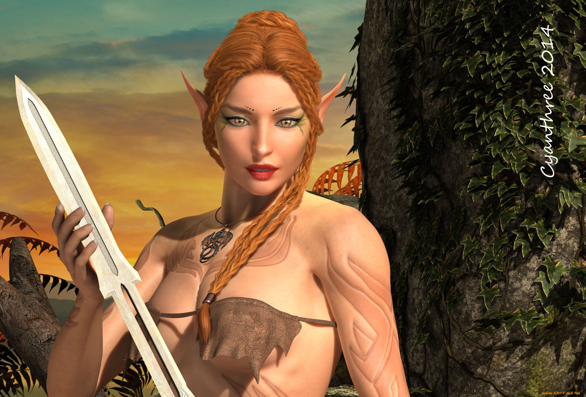 3д, графика, эльфы, , elves, меч, фон, взгляд, эльфийка