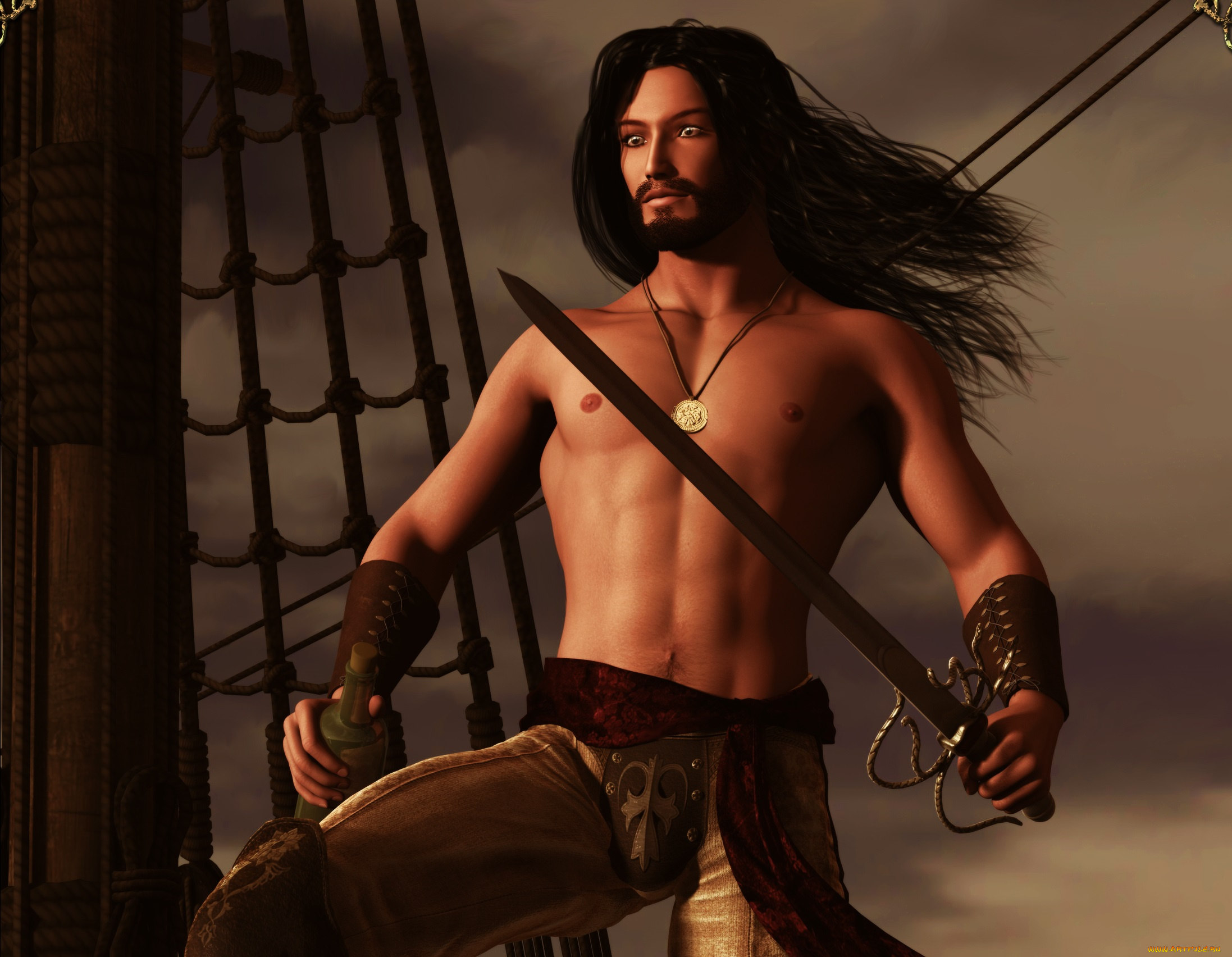 3д, графика, люди, , people, брюнет, торс, корабль, пират, мужчина