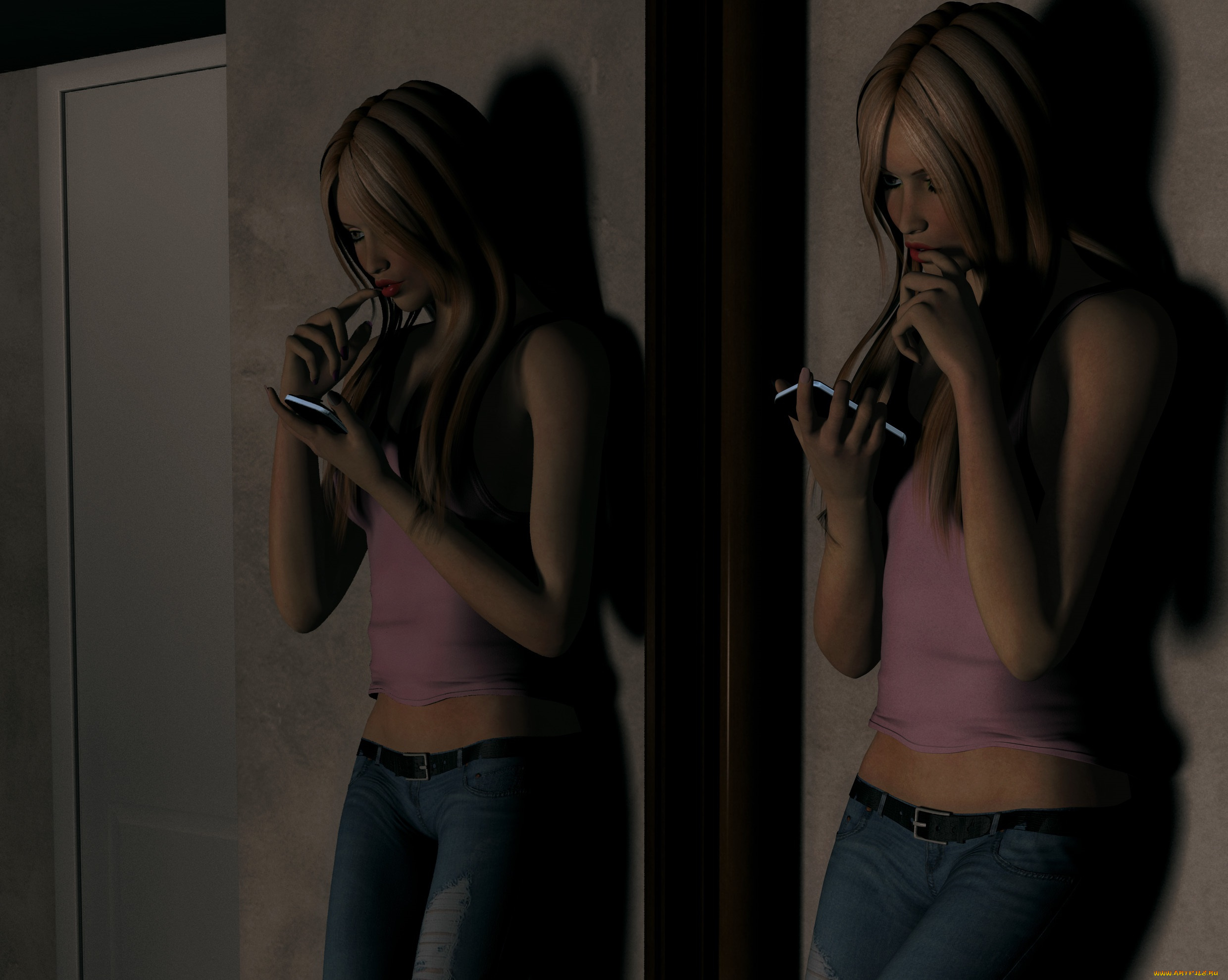 3д, графика, люди, , people, зеркало, фон, взгляд, девушка, телефон