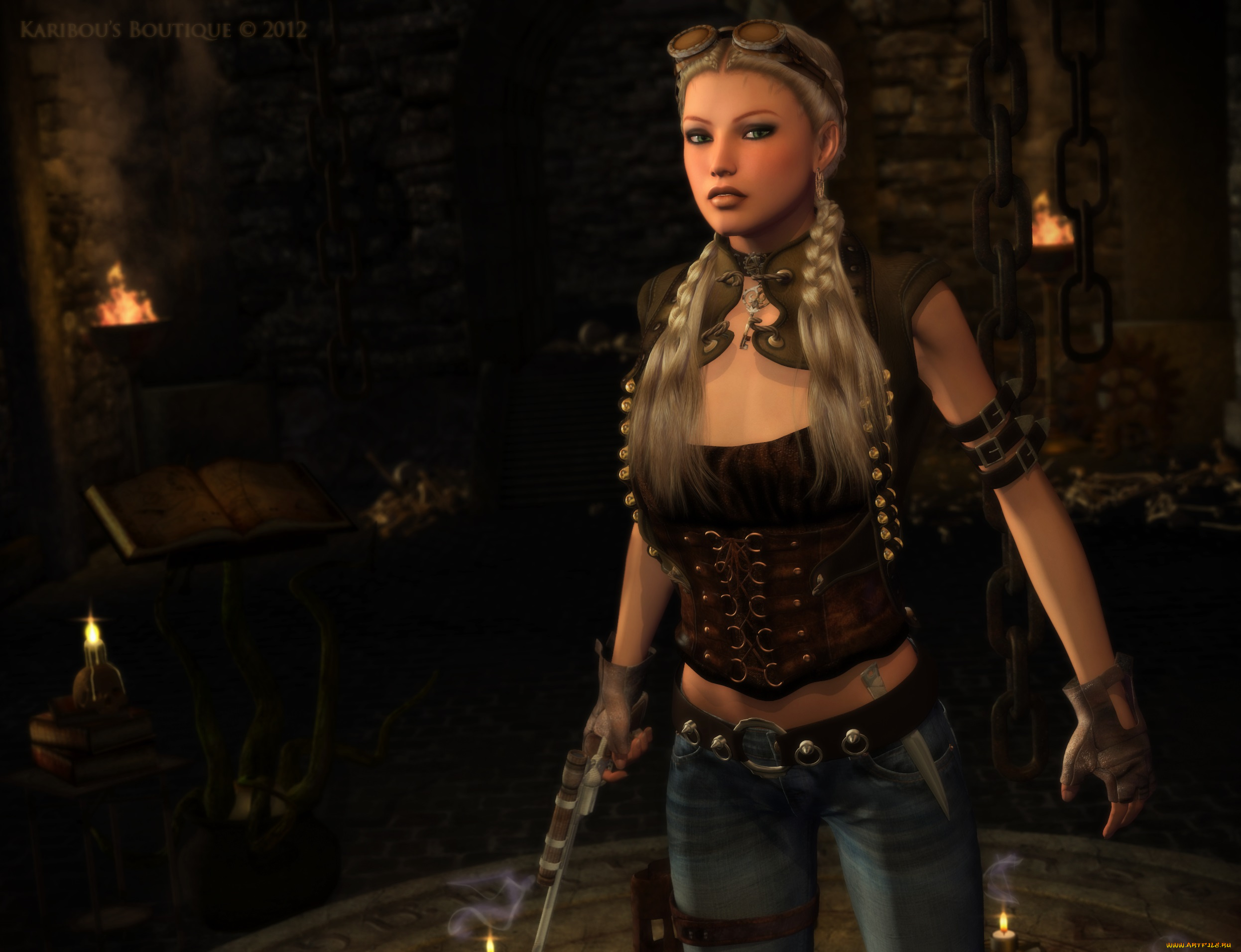 3д, графика, люди, , people, пистолет, оружие, девушка, свечи, комната