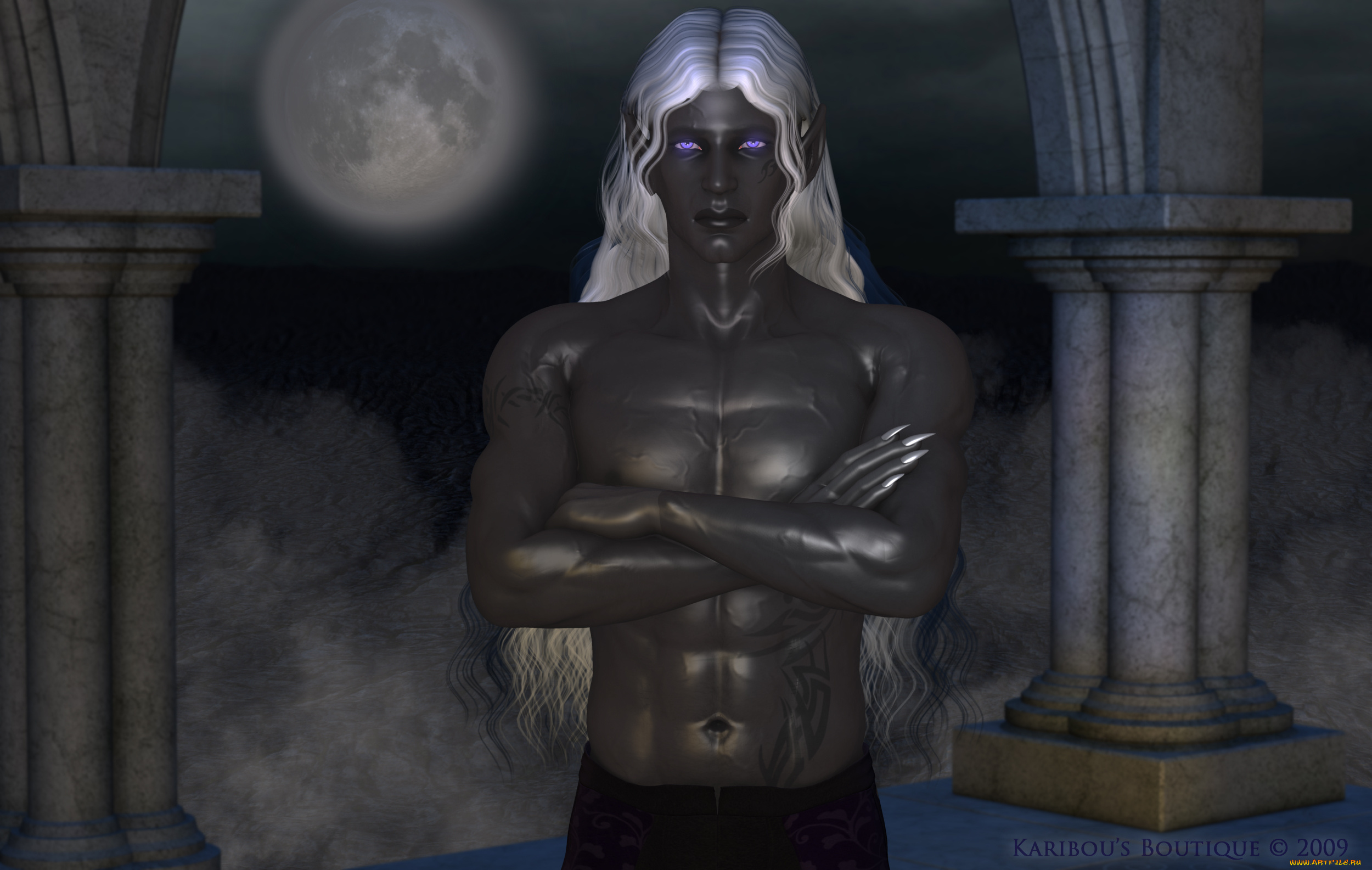 3д, графика, эльфы, , elves, сереневоглазый, луна, парень, взгляд, ночь, чёрный, эльф