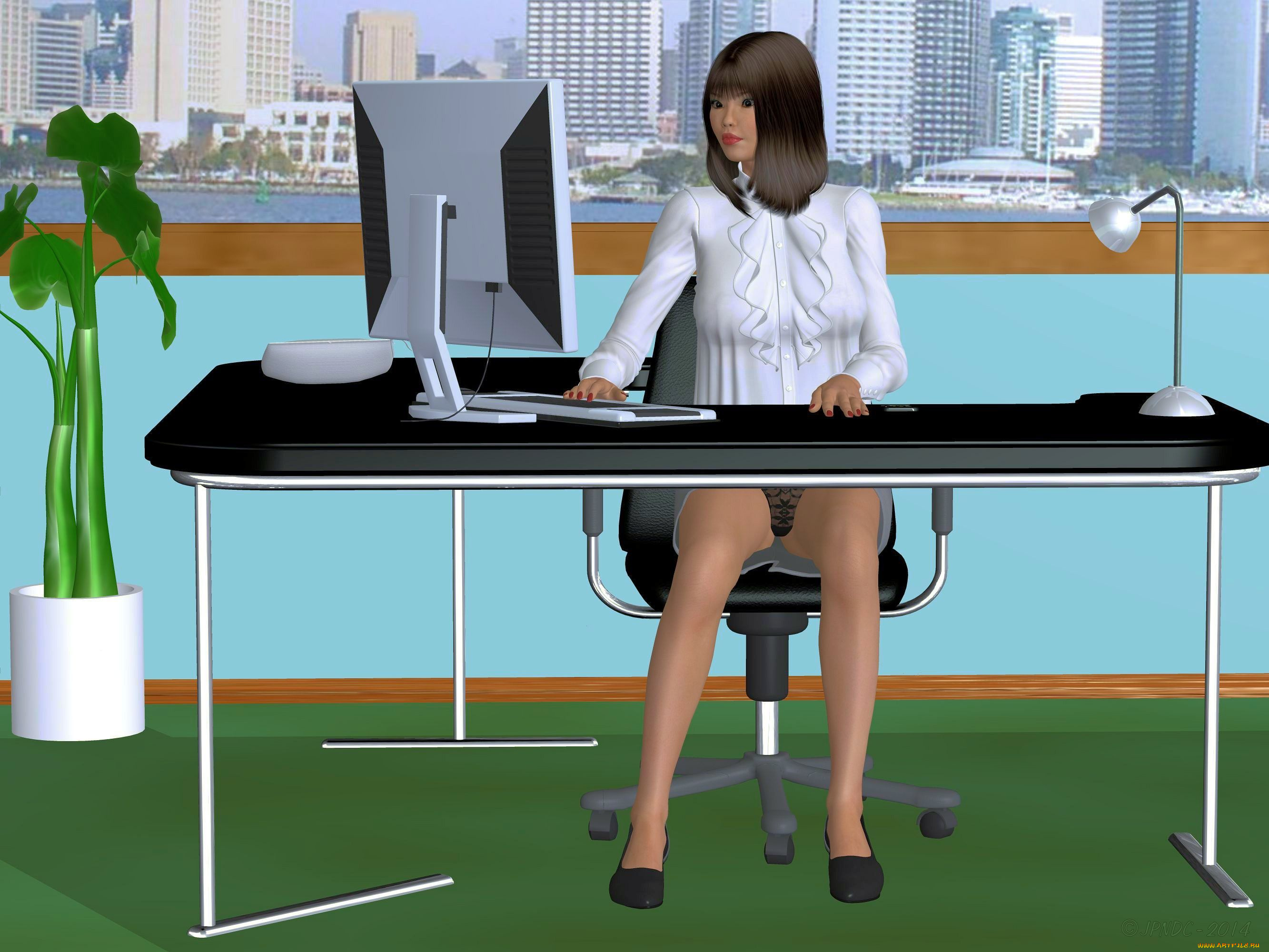3д, графика, люди, , people, фон, взгляд, девушка, дома, город, растение, ноутбук, стол
