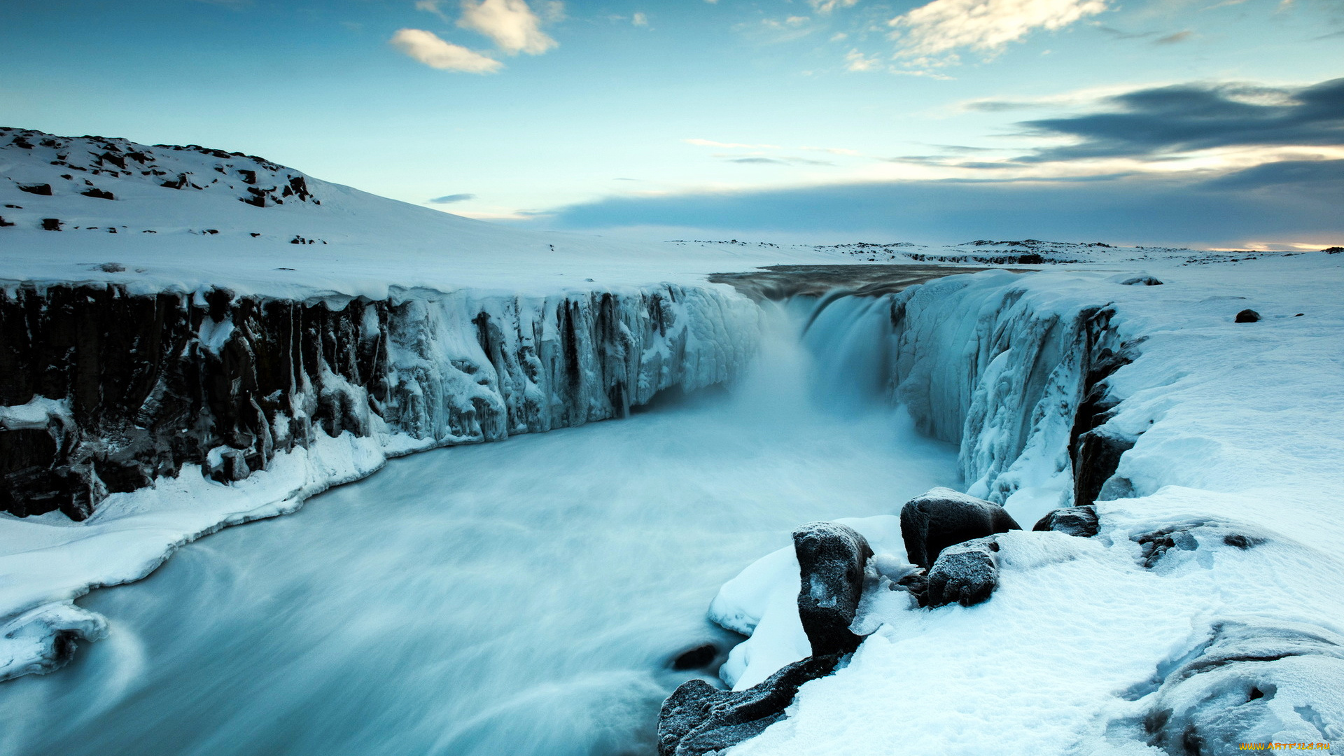 природа, водопады, облака, водопад, снег, горы