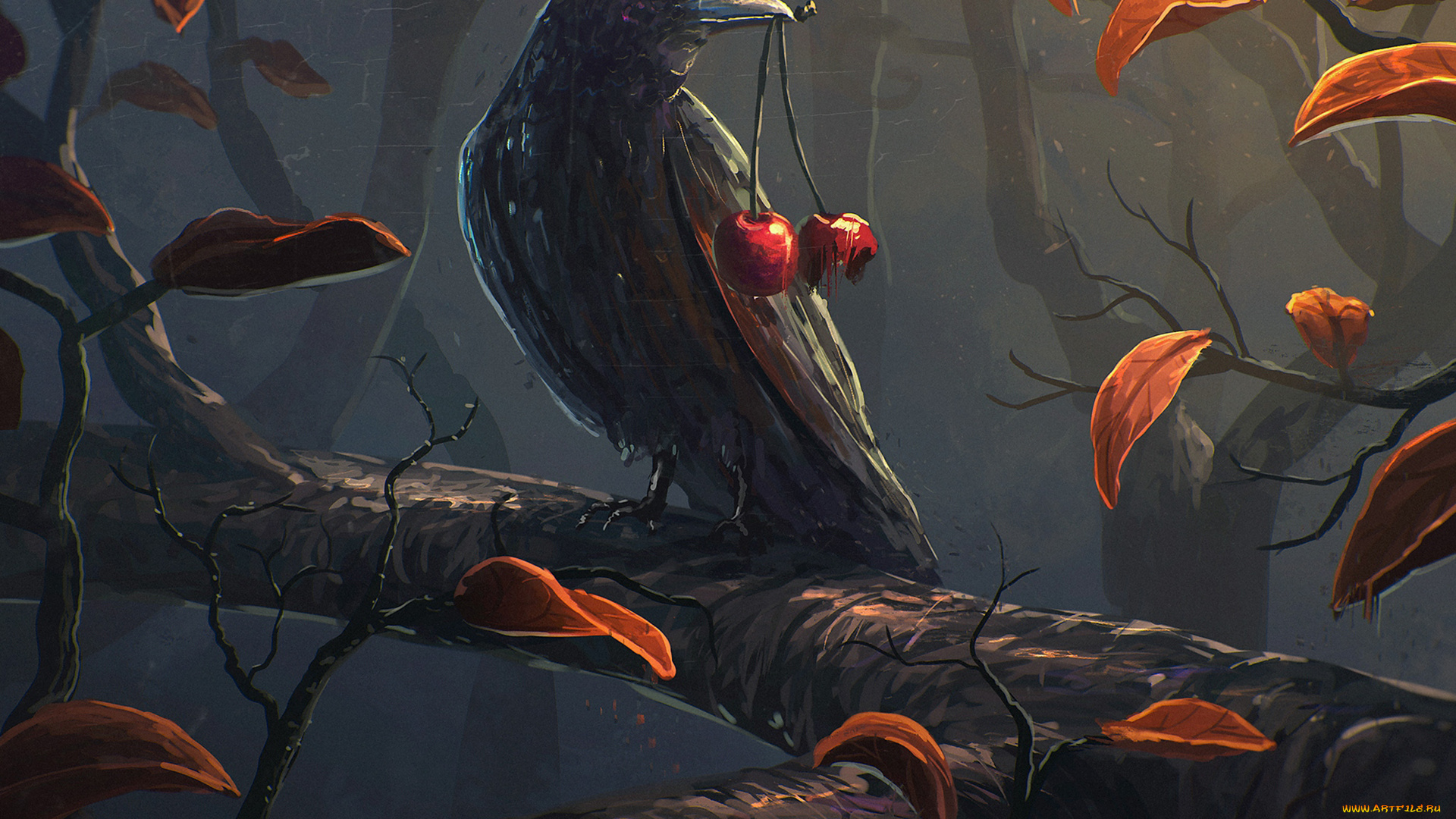 рисованное, животные, , птицы, птица, вишня, листья, ворона, ветка, арт