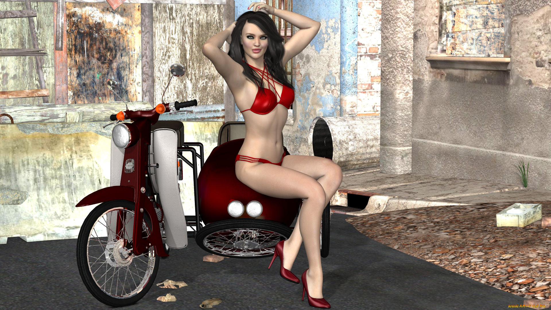 3д, графика, люди-авто, мото, , people-, car, , , moto, мотоцикл, фон, взгляд, девушка