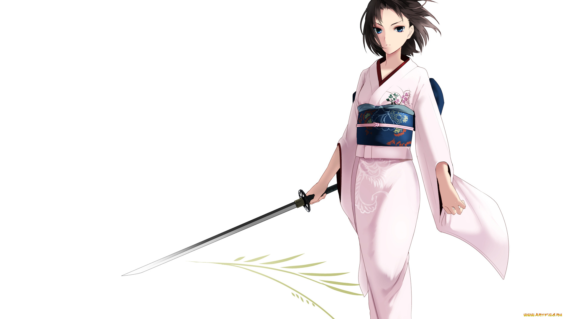 аниме, kara, no, kyokai, kara, no, kyoukai, сад, грешников, ryougi, shiki, кимоно, девушка, катана, меч, светлый, фон, узор