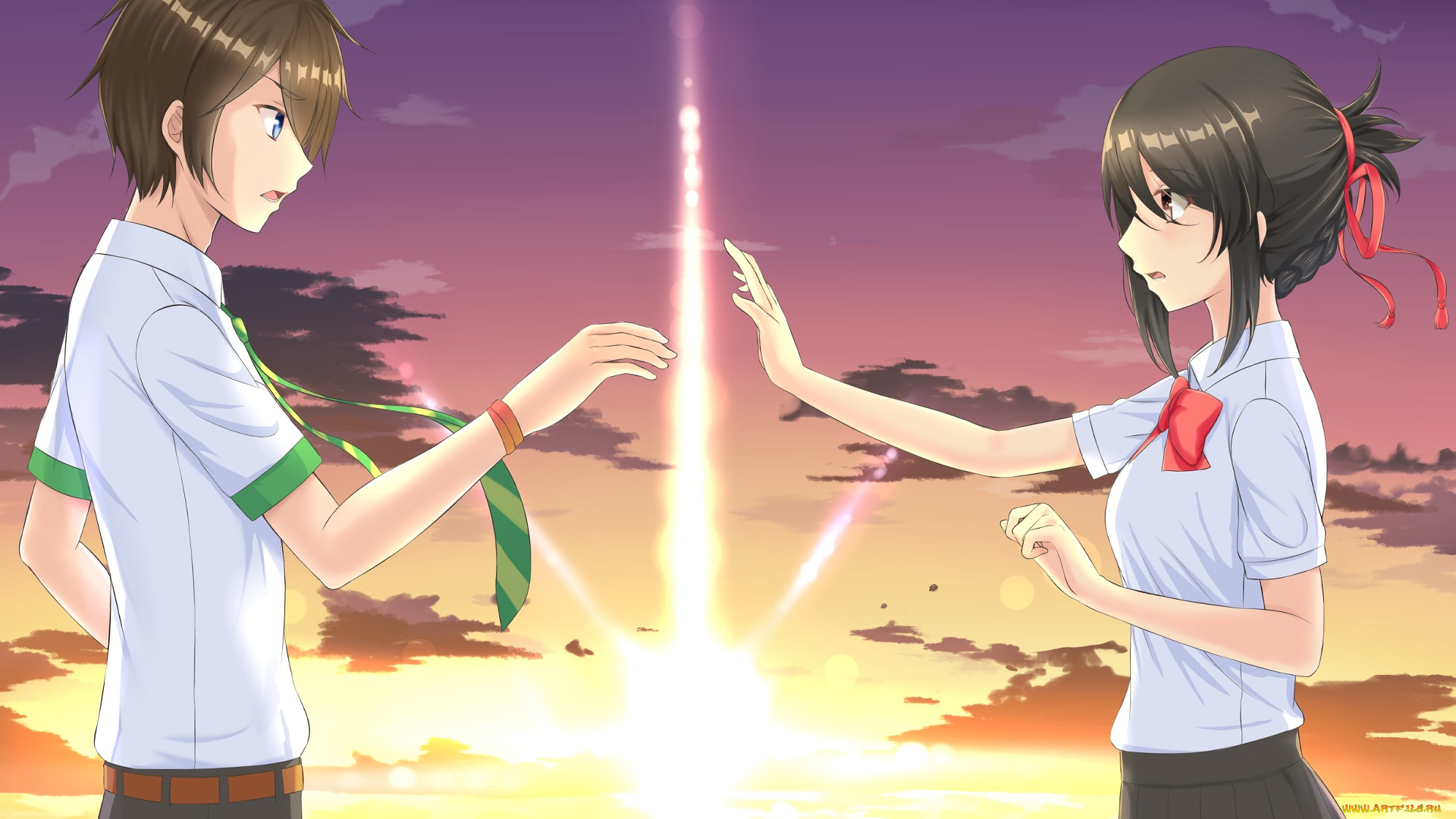 аниме, kimi, no, na, wa, фон, парень, взгляд, девушка
