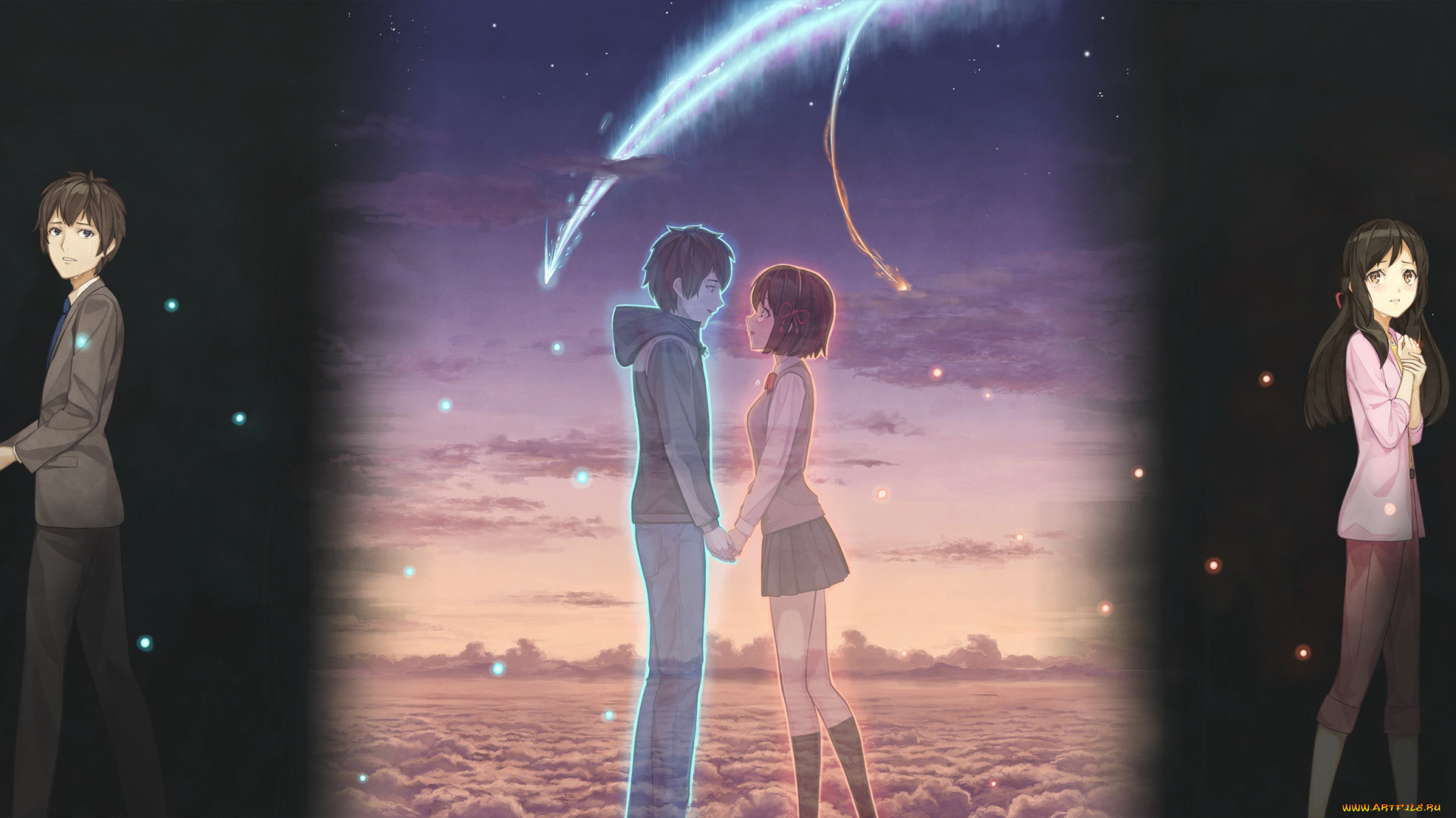 аниме, kimi, no, na, wa, парень, фон, взгляд, девушка