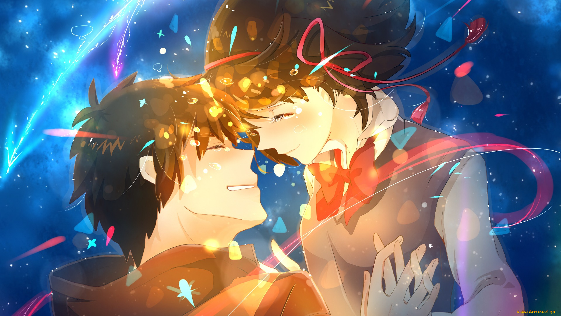 аниме, kimi, no, na, wa, парень, взгляд, девушка, фон