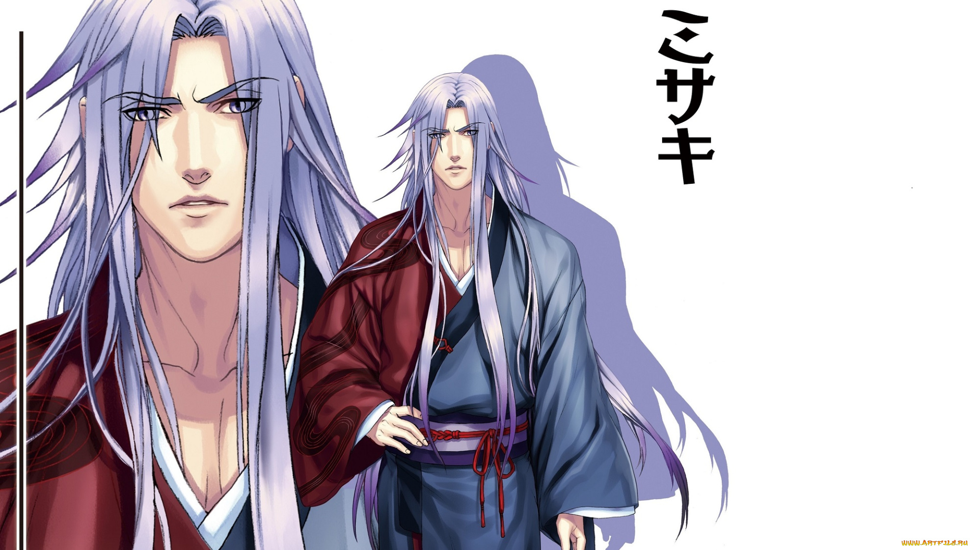 аниме, unknown, , другое, длинные, волосы, иероглифы, тень, белый, фон, taishou, mebiusline, кимоно, лицо, парень, visual, novel, misaki