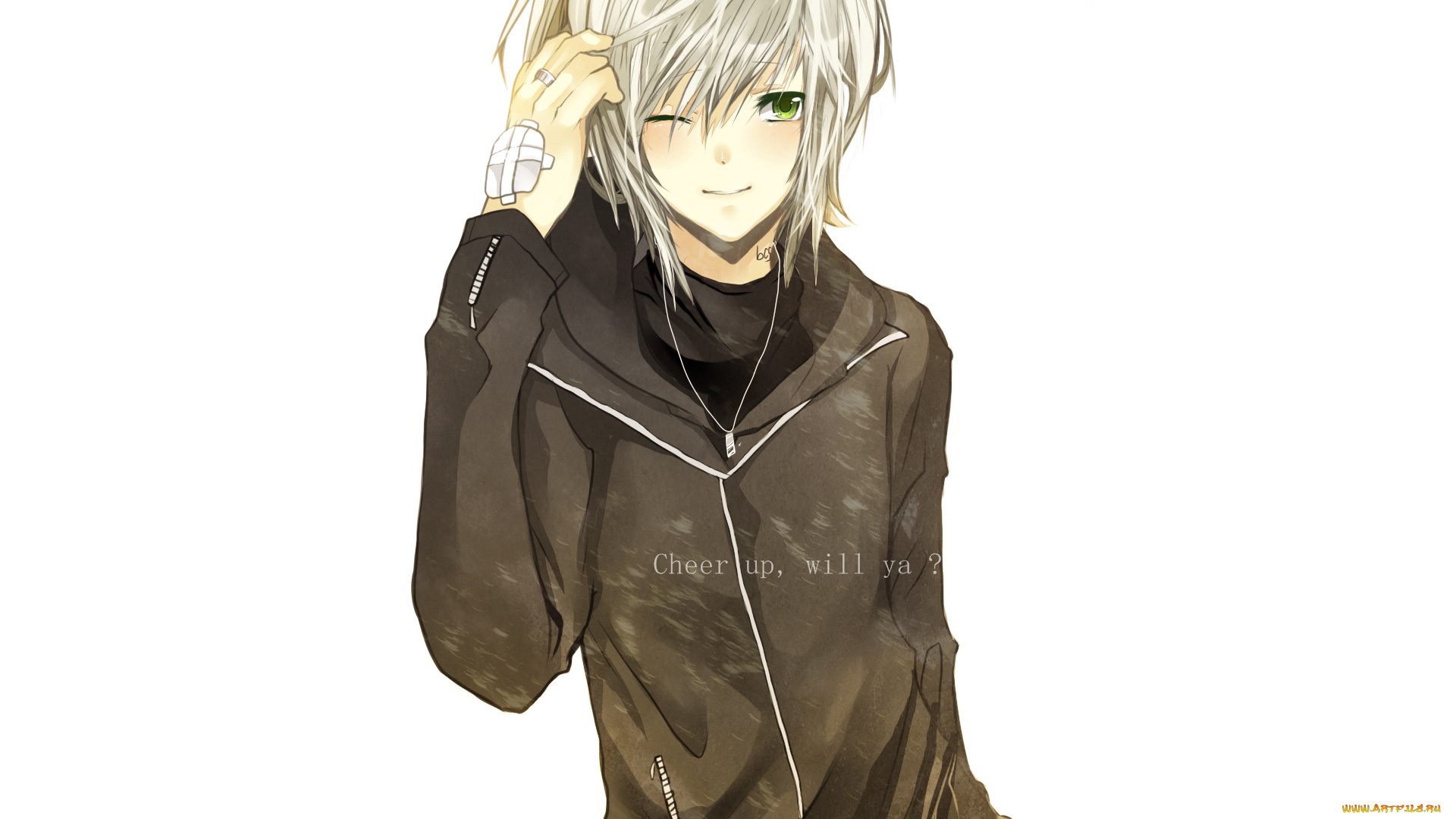 аниме, unknown, , другое, пластырь, блондин, улыбка, зеленые, глаза, белый, фон, текст, кольцо, парень, цепочка, подвеска