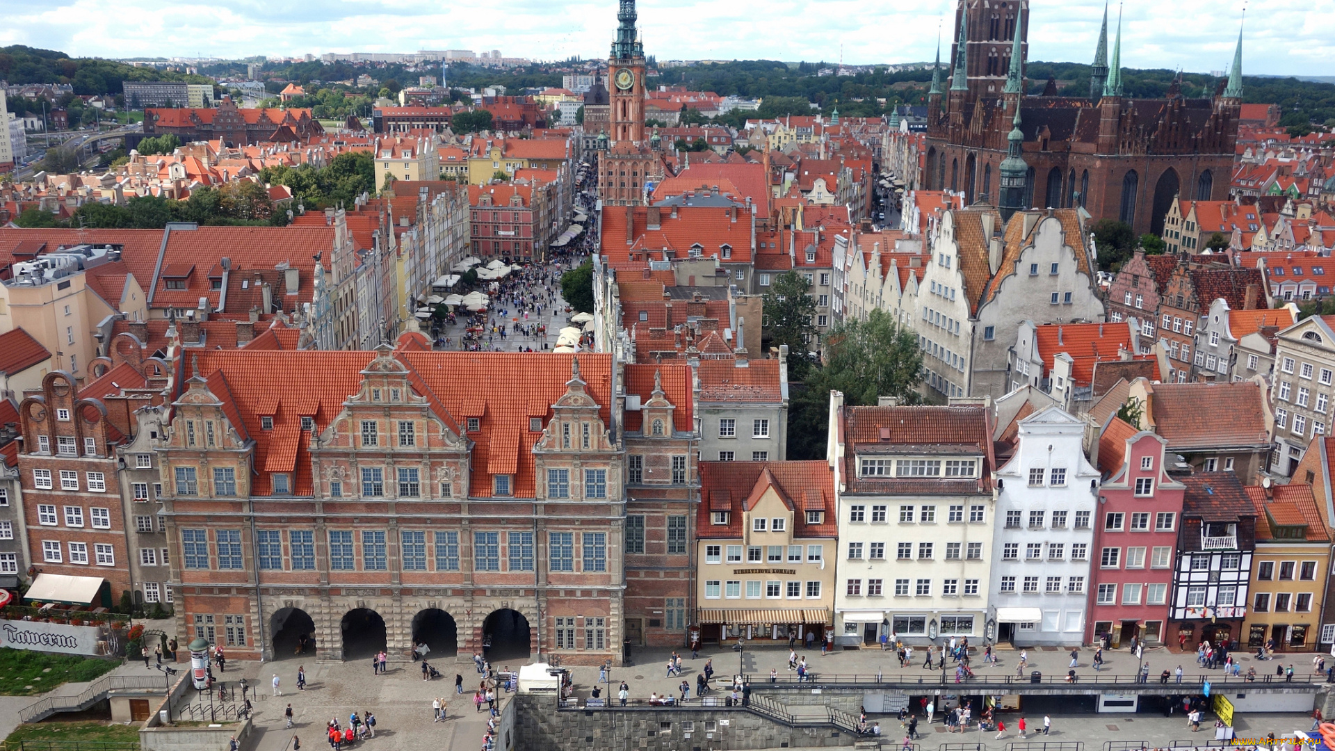 города, гданьск, , польша, гданьск, дома, старый, город, люди, площадь, башня, небо, набережная