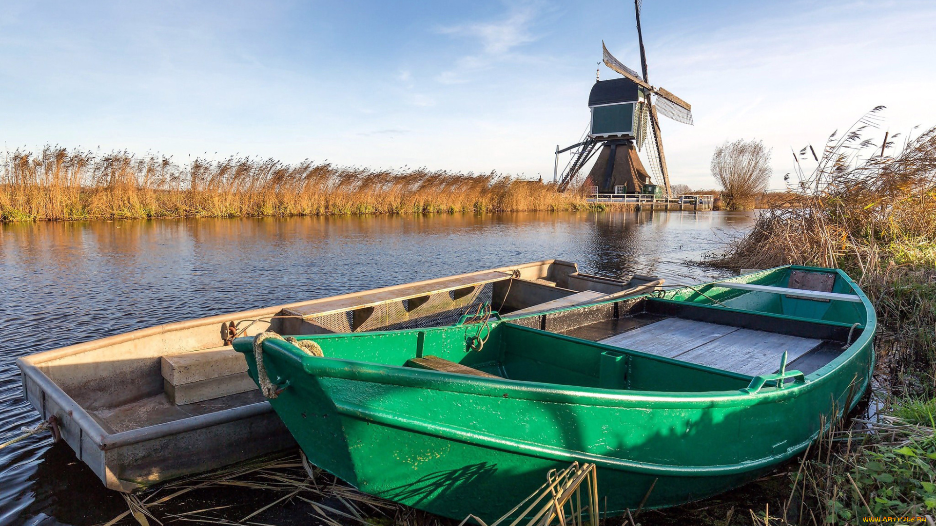 корабли, лодки, , шлюпки, камыши, мельница, река