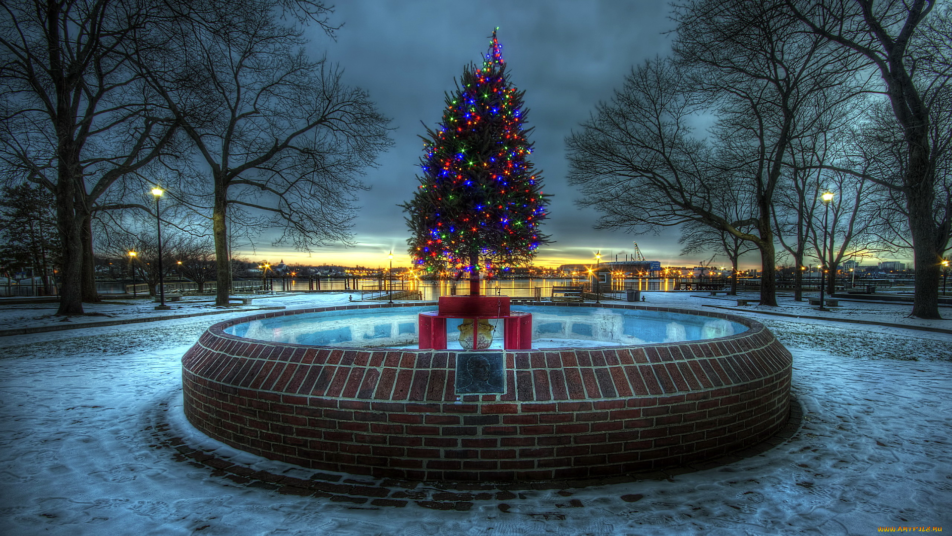 праздничные, Ёлки, вечер, фонтан, елка, гирлянды