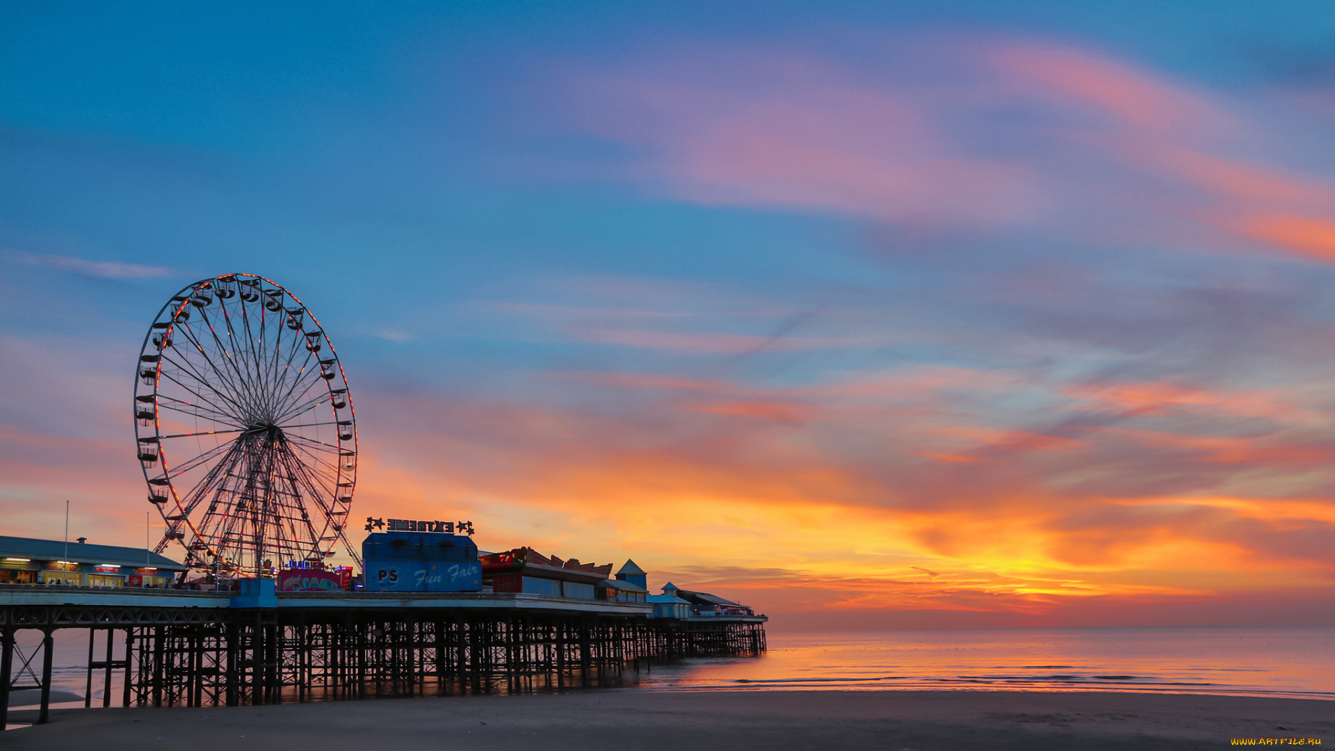 разное, карусели, , качели, , аттракционы, океан, пирс, рассвет, пляж, парк, развлечений, колесо, обозрения