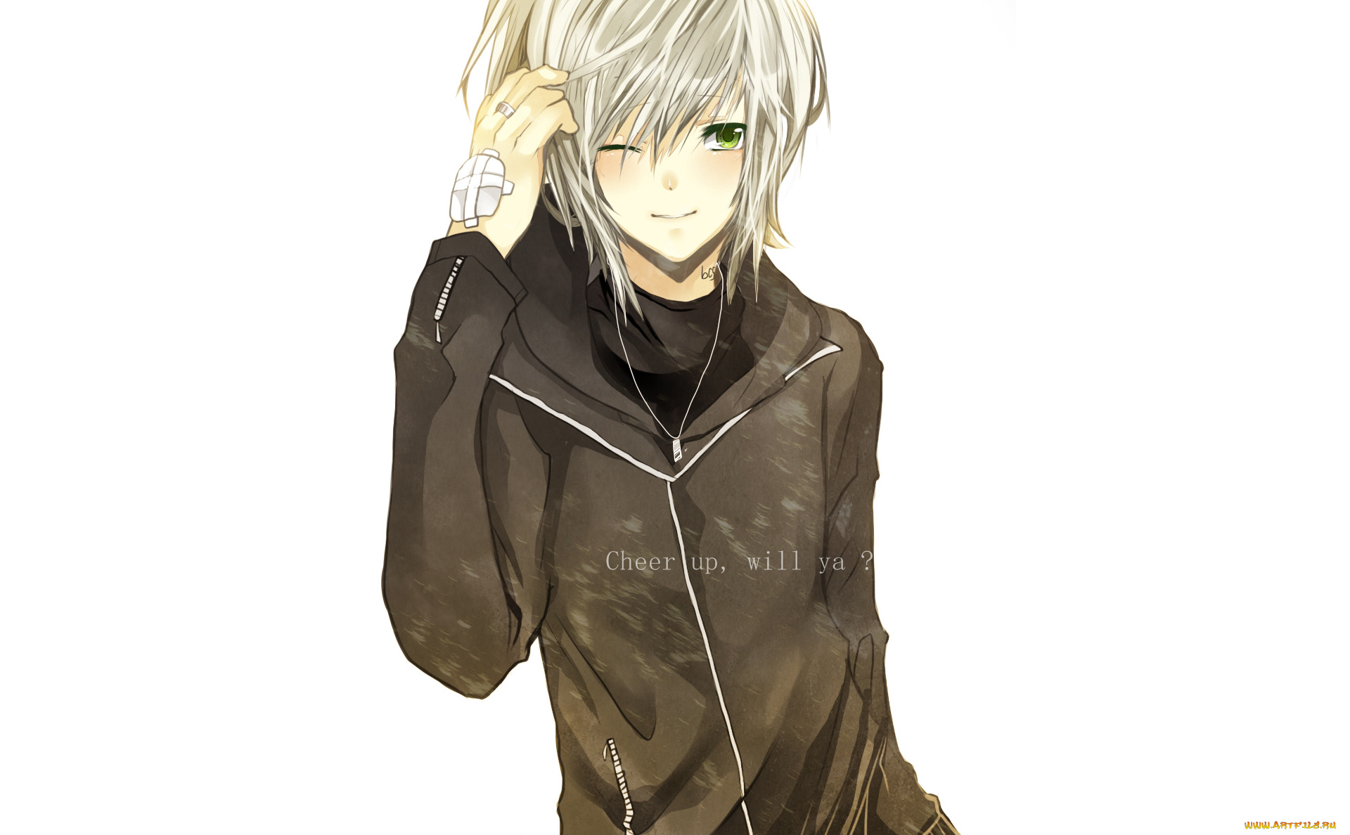 аниме, unknown, , другое, пластырь, блондин, улыбка, зеленые, глаза, белый, фон, текст, кольцо, парень, цепочка, подвеска