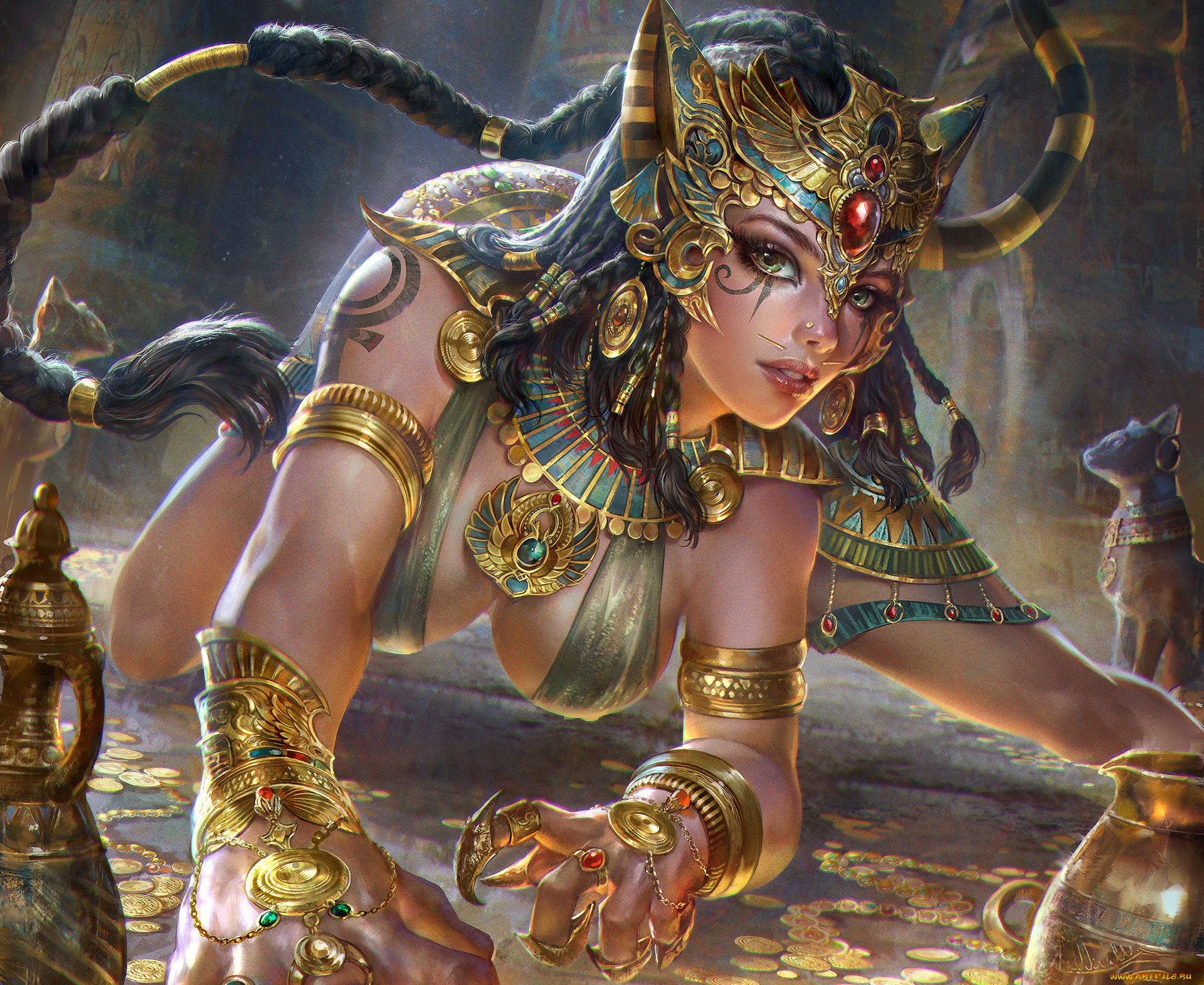 фэнтези, девушки, украшения, арт, поза, когти, хвост, бастет, богиня, взгляд, эротика, египет