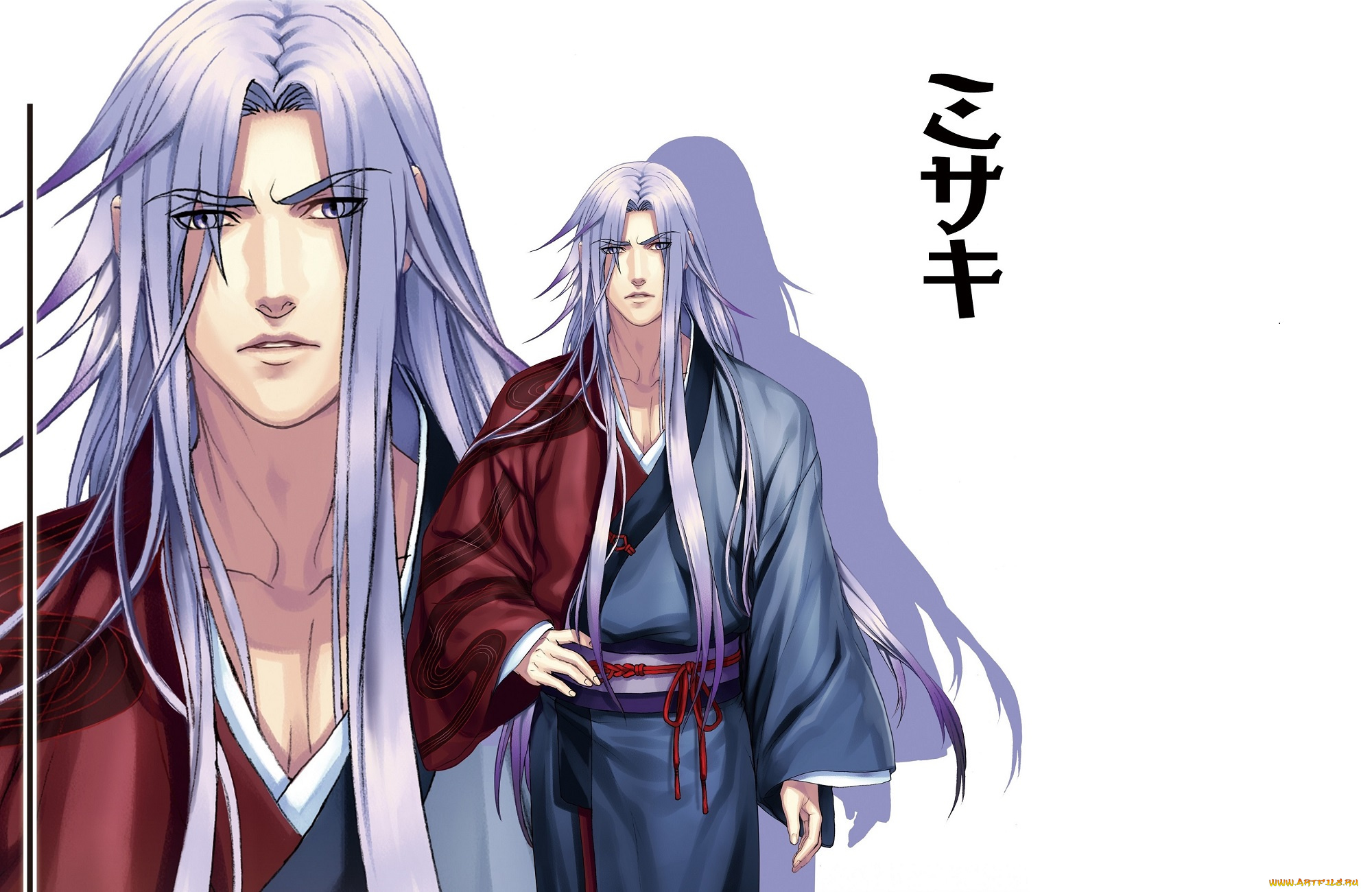 аниме, unknown, , другое, длинные, волосы, иероглифы, тень, белый, фон, taishou, mebiusline, кимоно, лицо, парень, visual, novel, misaki