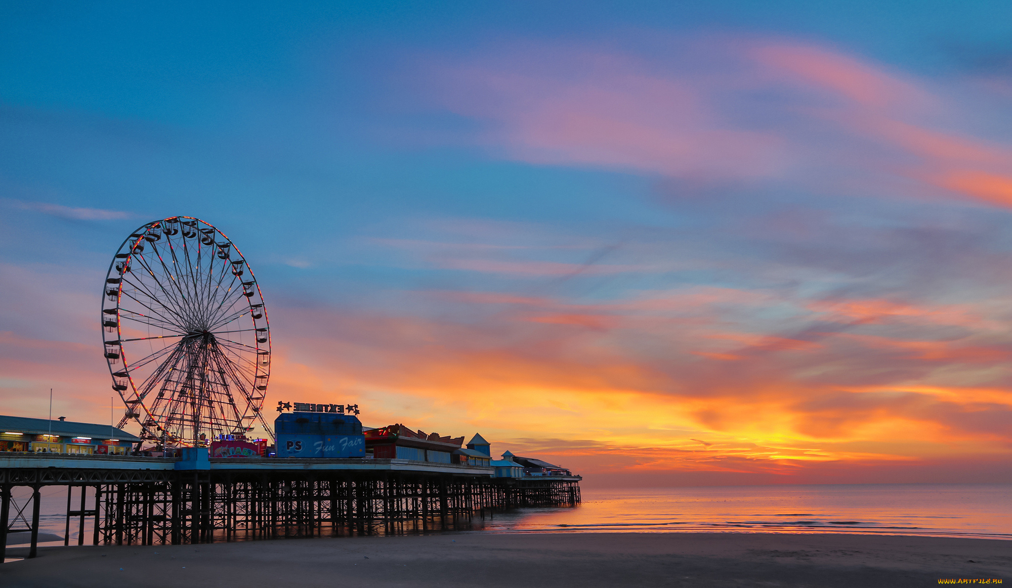 разное, карусели, , качели, , аттракционы, океан, пирс, рассвет, пляж, парк, развлечений, колесо, обозрения