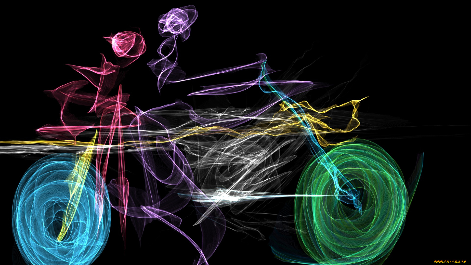 3д, графика, абстракция, , abstract, motorcycle, black, background, digital, rendering, colors, colorful, art, people, color, wheel