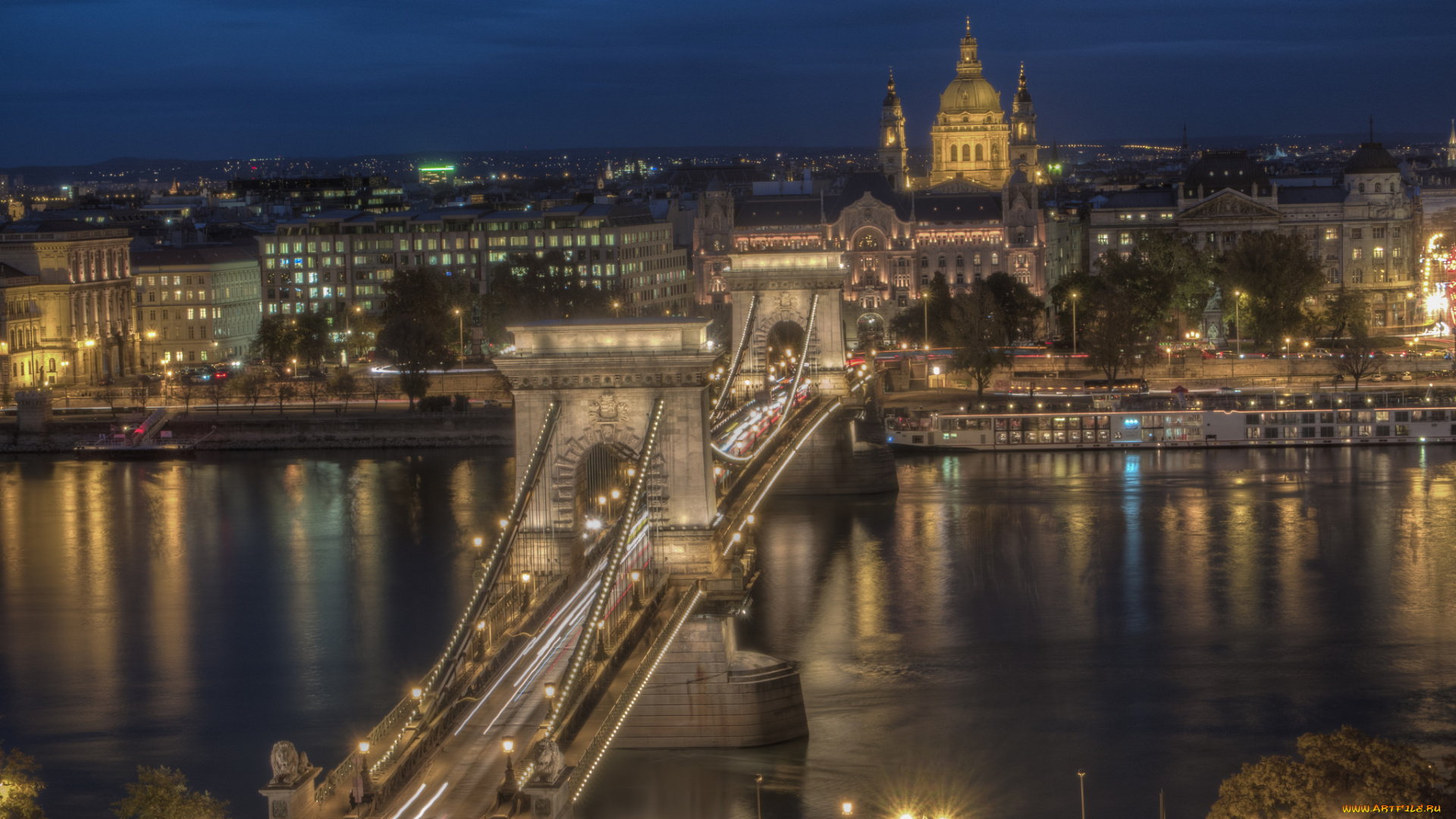 budapest, chain, bridge, города, будапешт, , венгрия, огни, ночь, мост, река