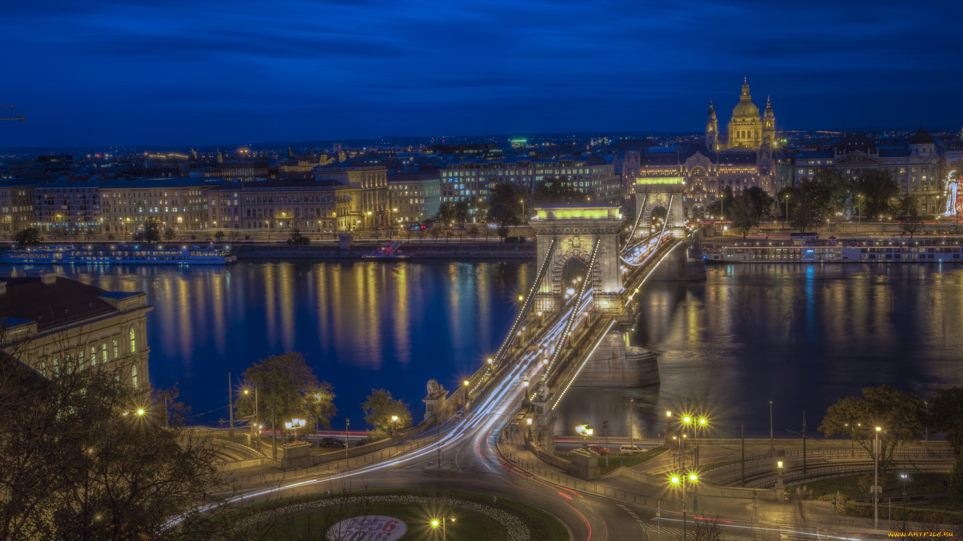 budapest, chain, bridge, города, будапешт, , венгрия, огни, ночь, мост, река