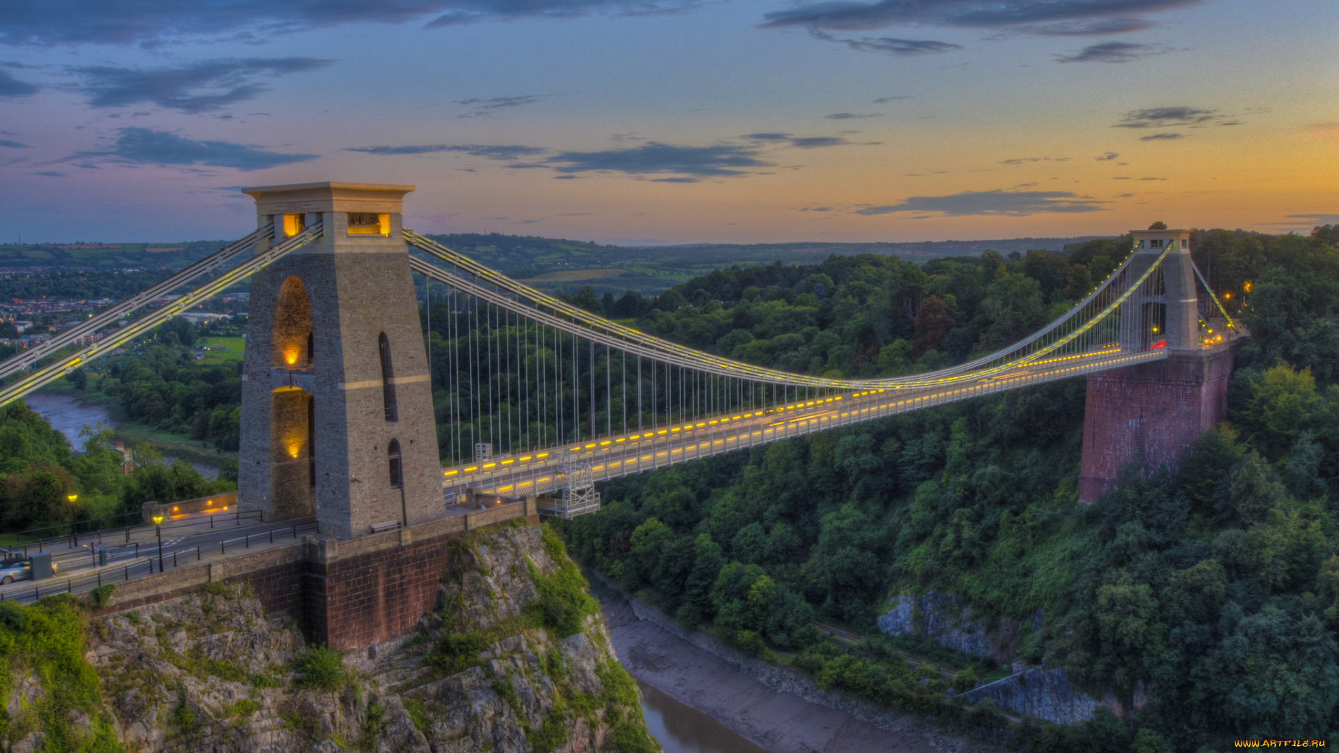 clifton, suspension, bridge, bristol, города, -, мосты, огни, ночь, мост, река