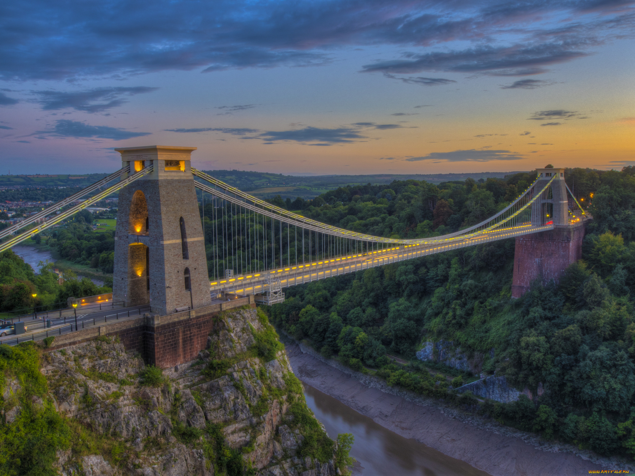 clifton, suspension, bridge, bristol, города, -, мосты, огни, ночь, мост, река