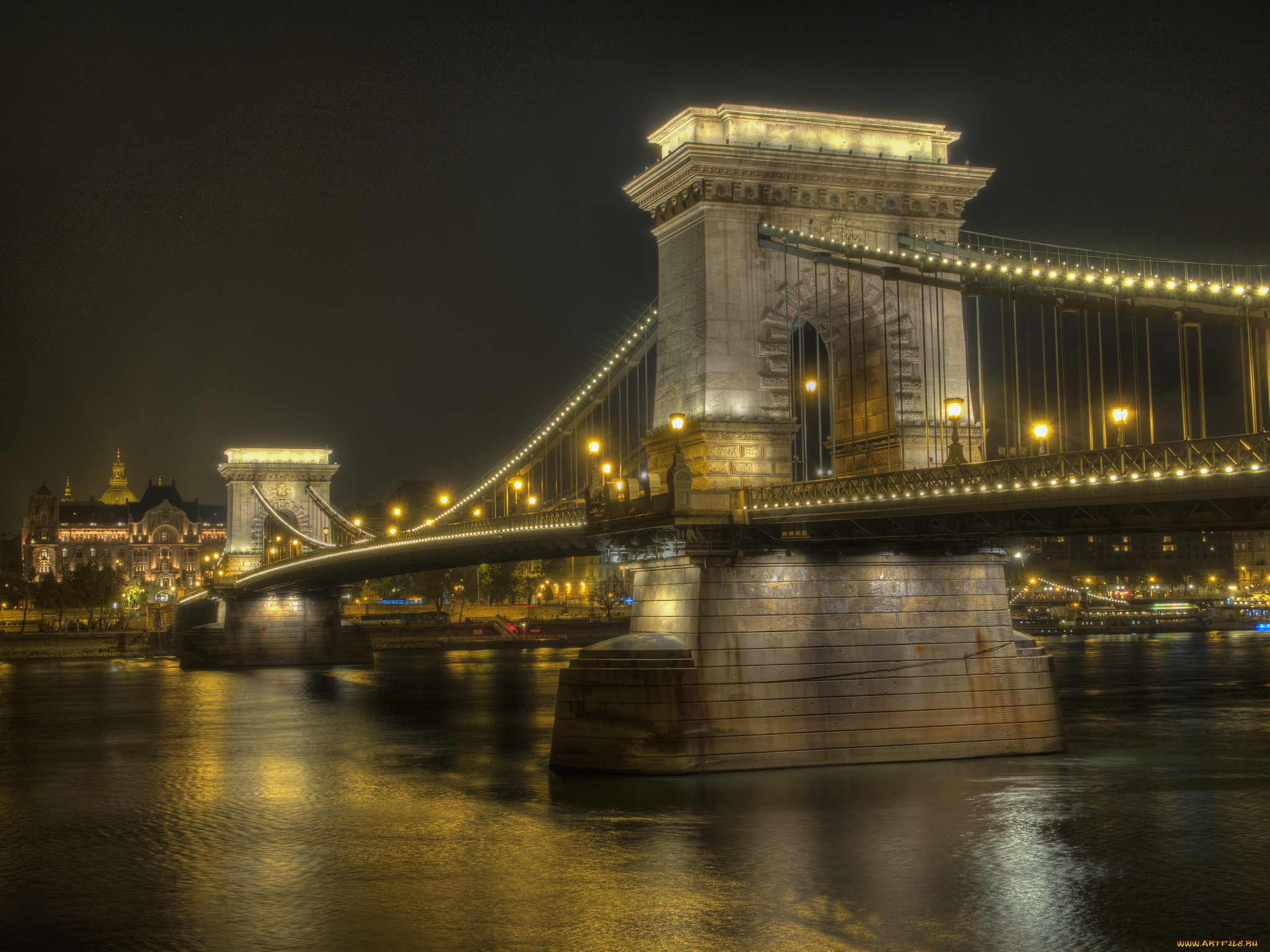 budapest, chain, bridge, города, будапешт, , венгрия, огни, ночь, мост, река