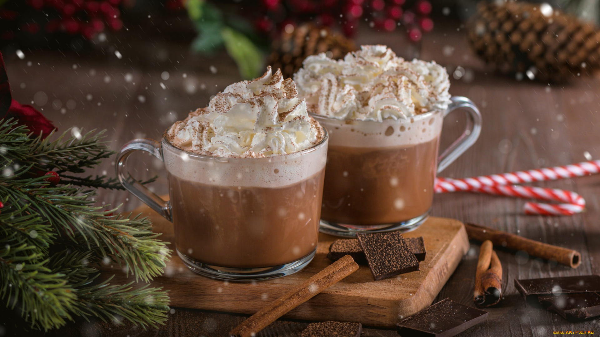 еда, кофе, , кофейные, зёрна, ветки, стол, доски, шоколад, бокалы, рождество, пара, чашки, новый, год, корица, хвоя, снегопад, шишки, капучино, крем