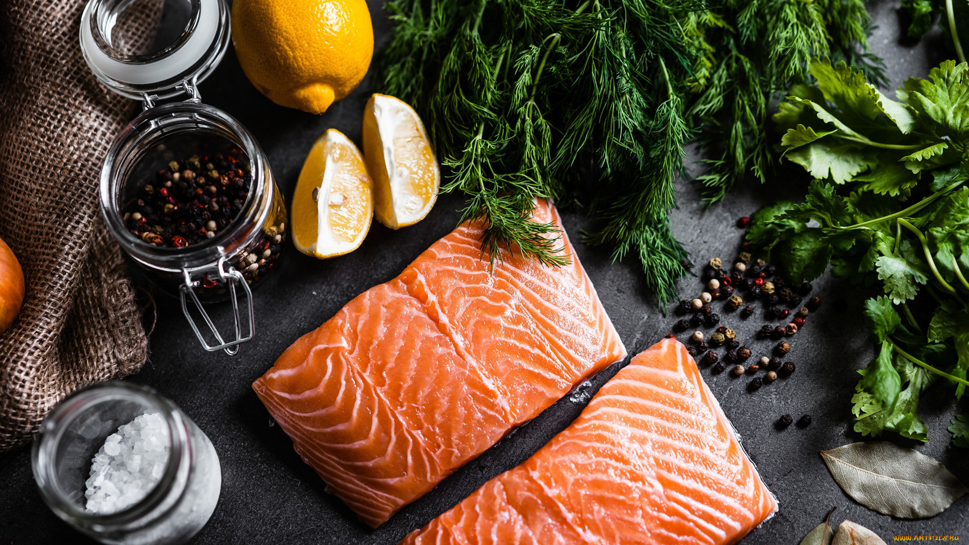 еда, разное, форель, перец, лимон, петрушка, укроп