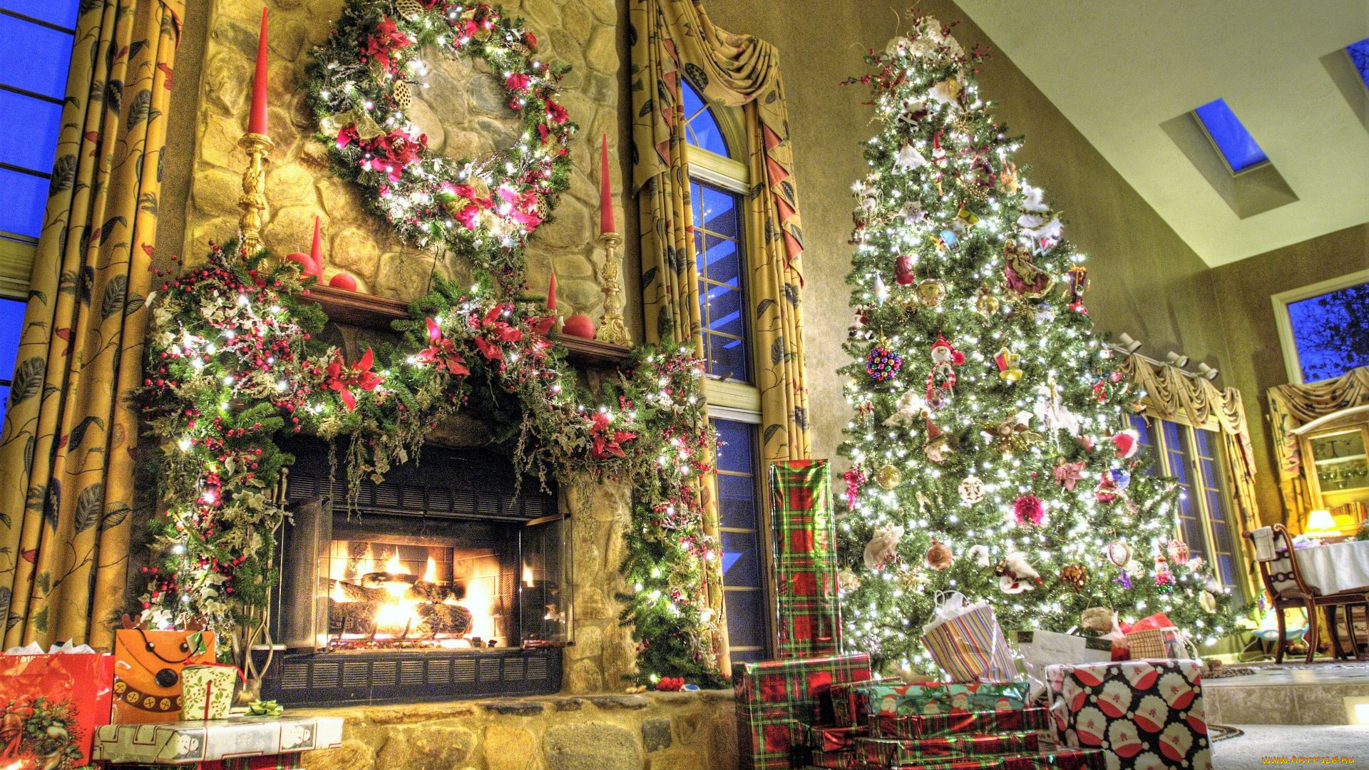 праздничные, новогодний, очаг, камин, ёлка, украшения, подарки