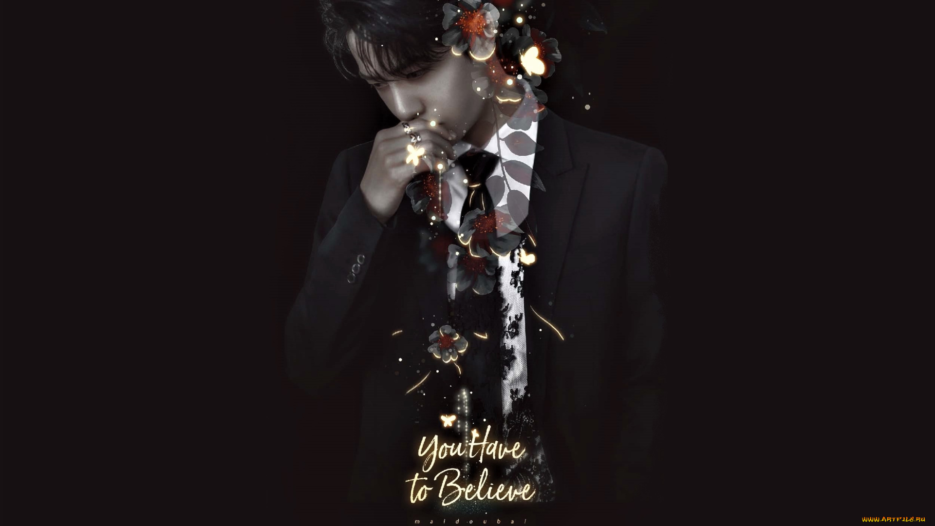 рисованное, люди, ван, ибо, костюм, галстук, цветы