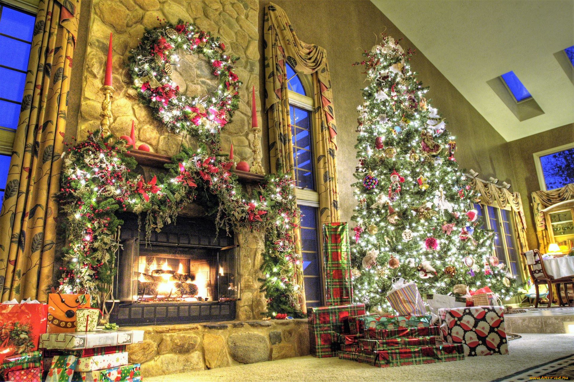 праздничные, новогодний, очаг, камин, ёлка, украшения, подарки