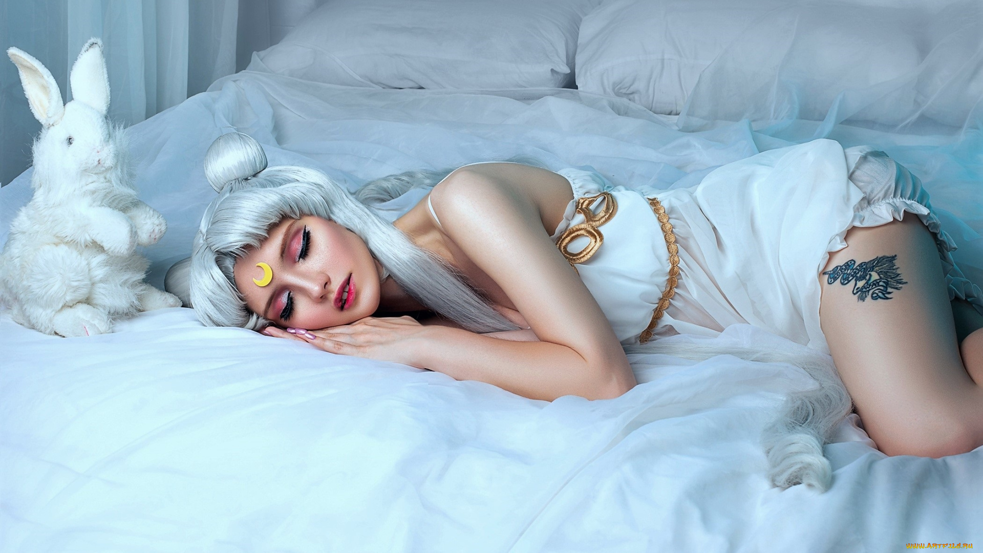 девушки, -, креатив, , косплей, yofipie, костюм, образ, тату, постель, кролик