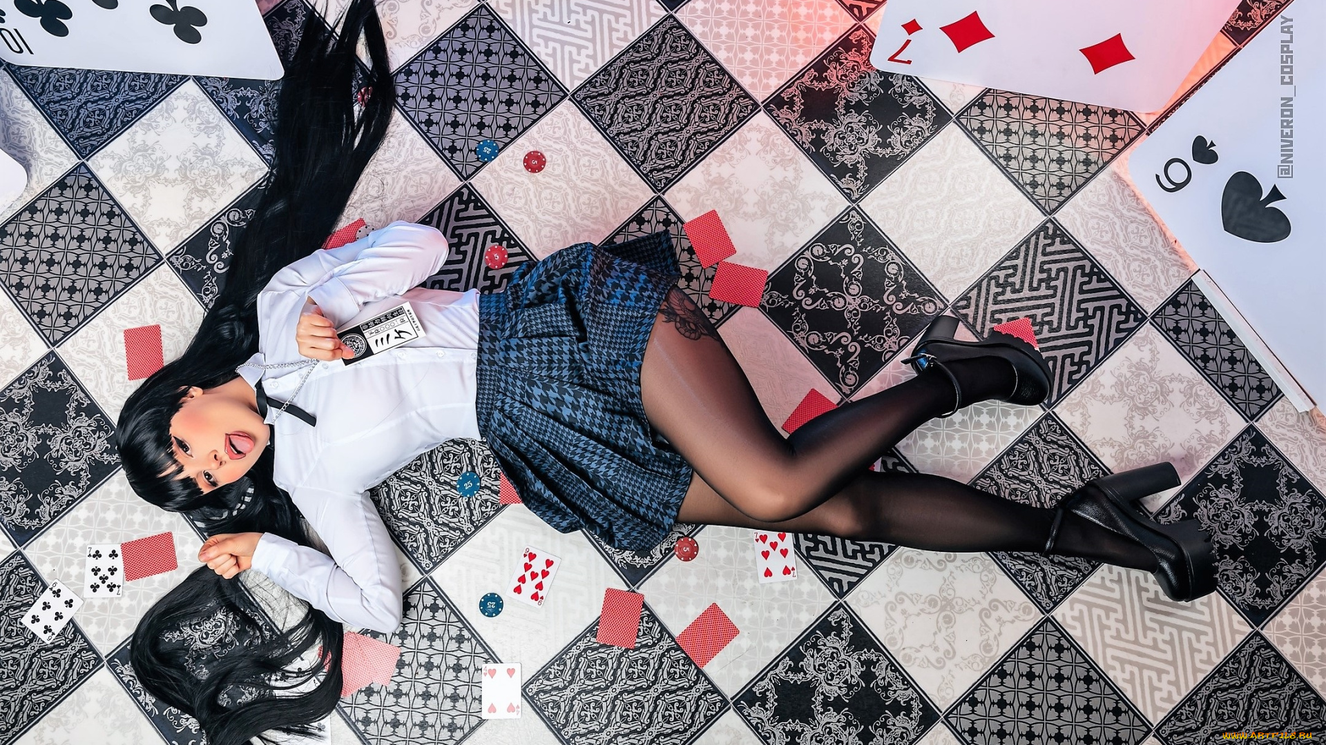 niveron, девушки, -, креатив, , косплей, брюнетка, блузка, юбка, карты