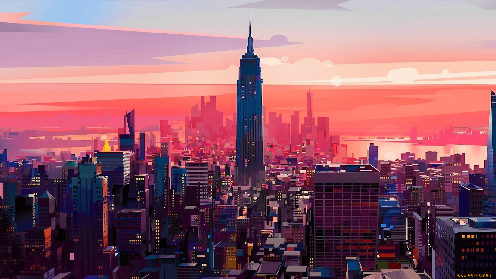 рисованное, города, город, закат