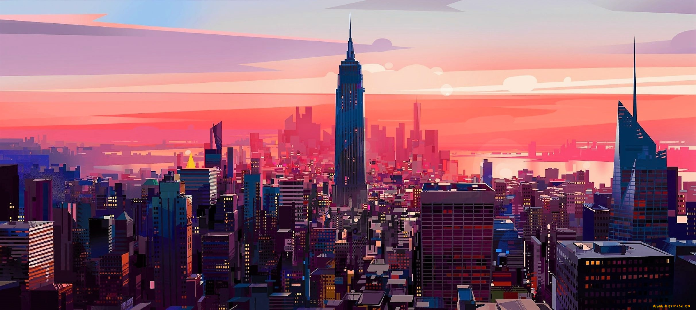 рисованное, города, город, закат