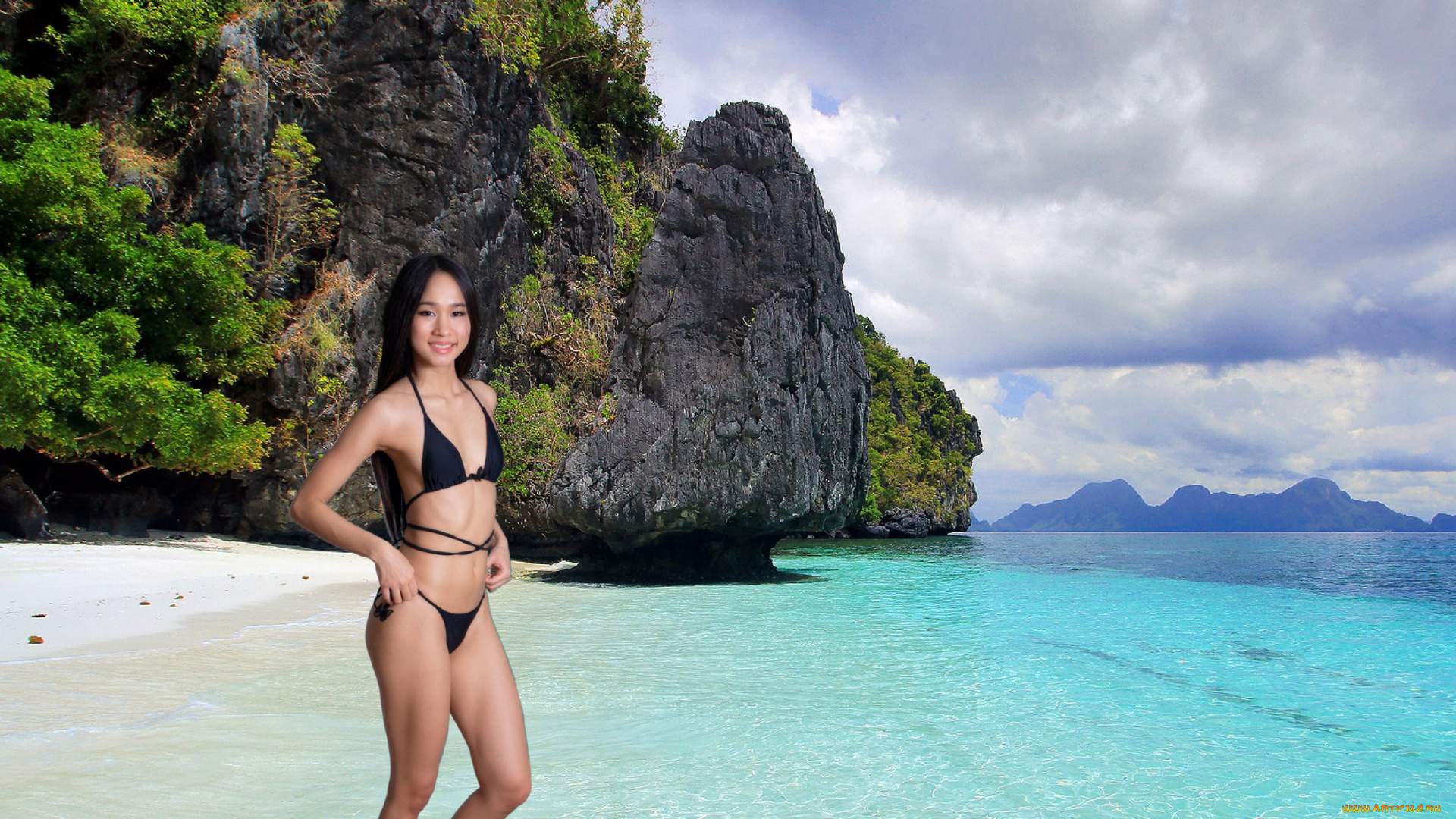 девушки, -, азиатки, азиатка, поза, море, скала, бикини