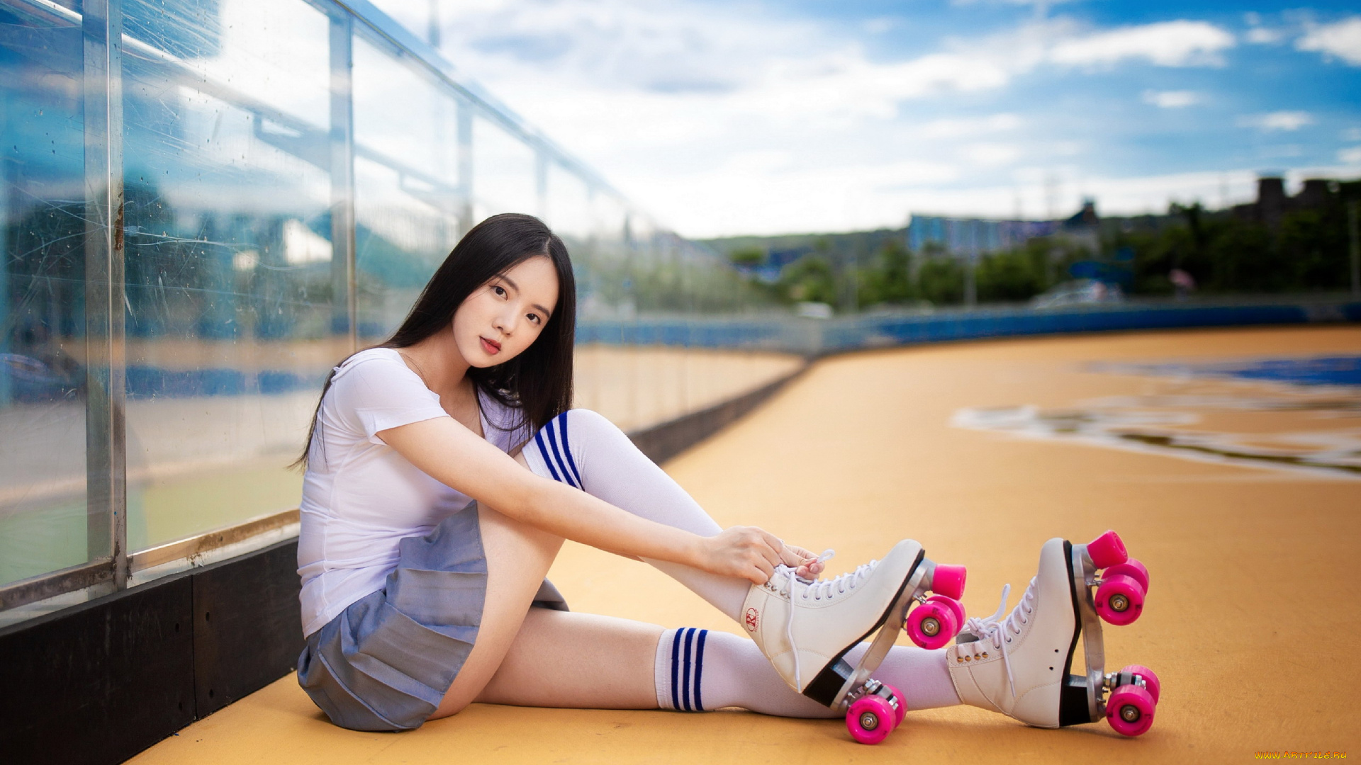 девушки, -, азиатки, азиатка, поза, юбка, мини, ролики