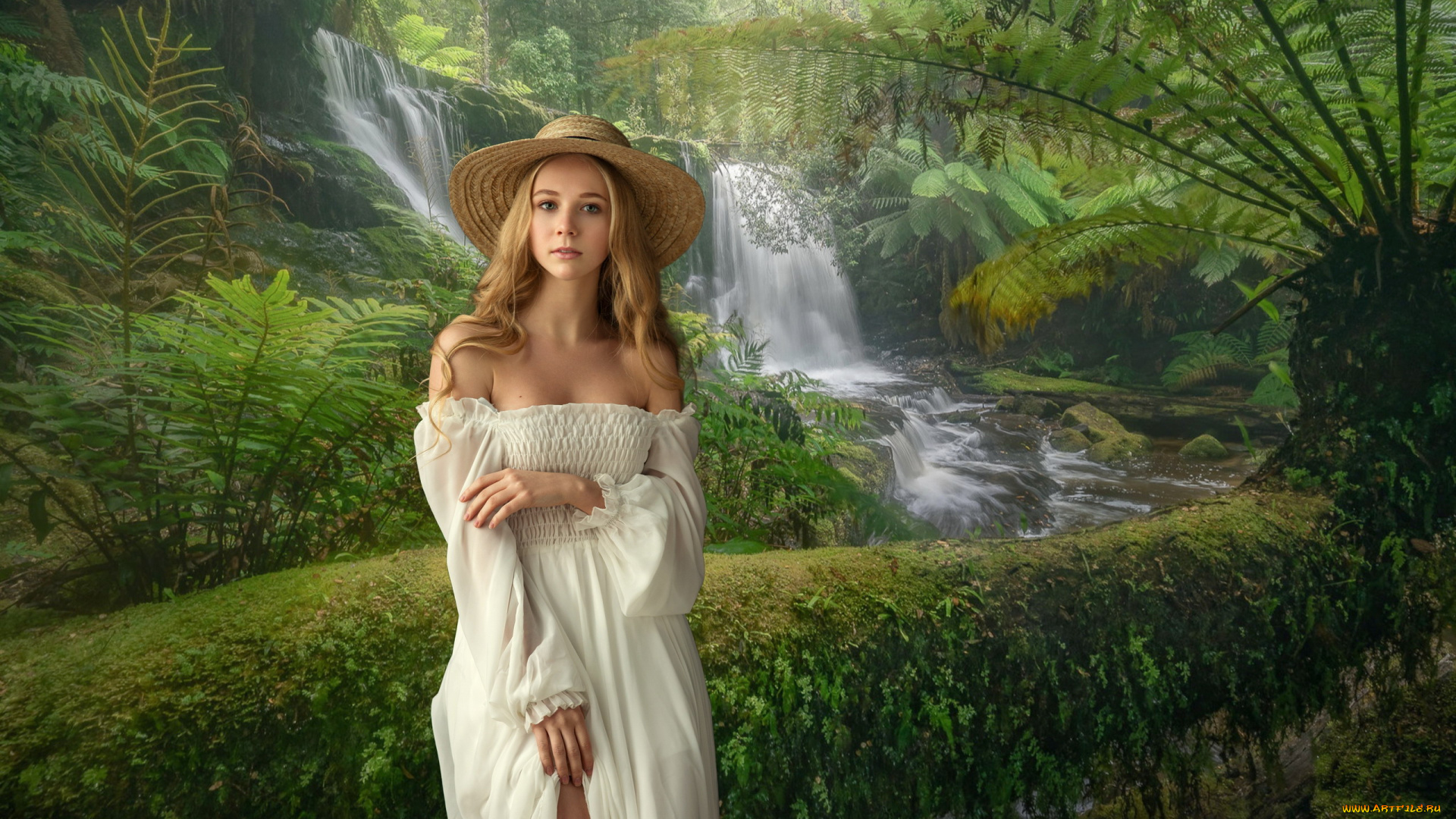 девушки, -, блондинки, , светловолосые, блондинка, водопад, белое, платье, декольте, шляпа, полина