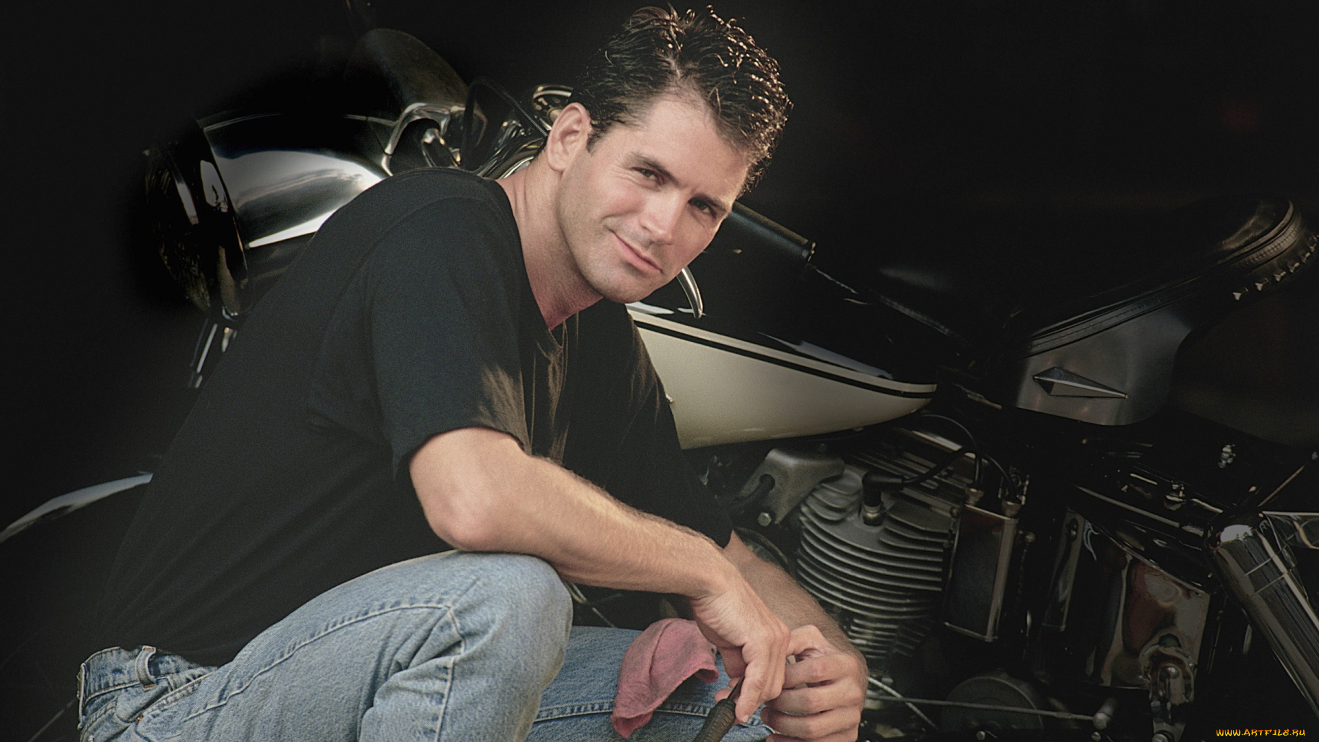 мужчины, -unsort, мотоцикл, брюнет, поза