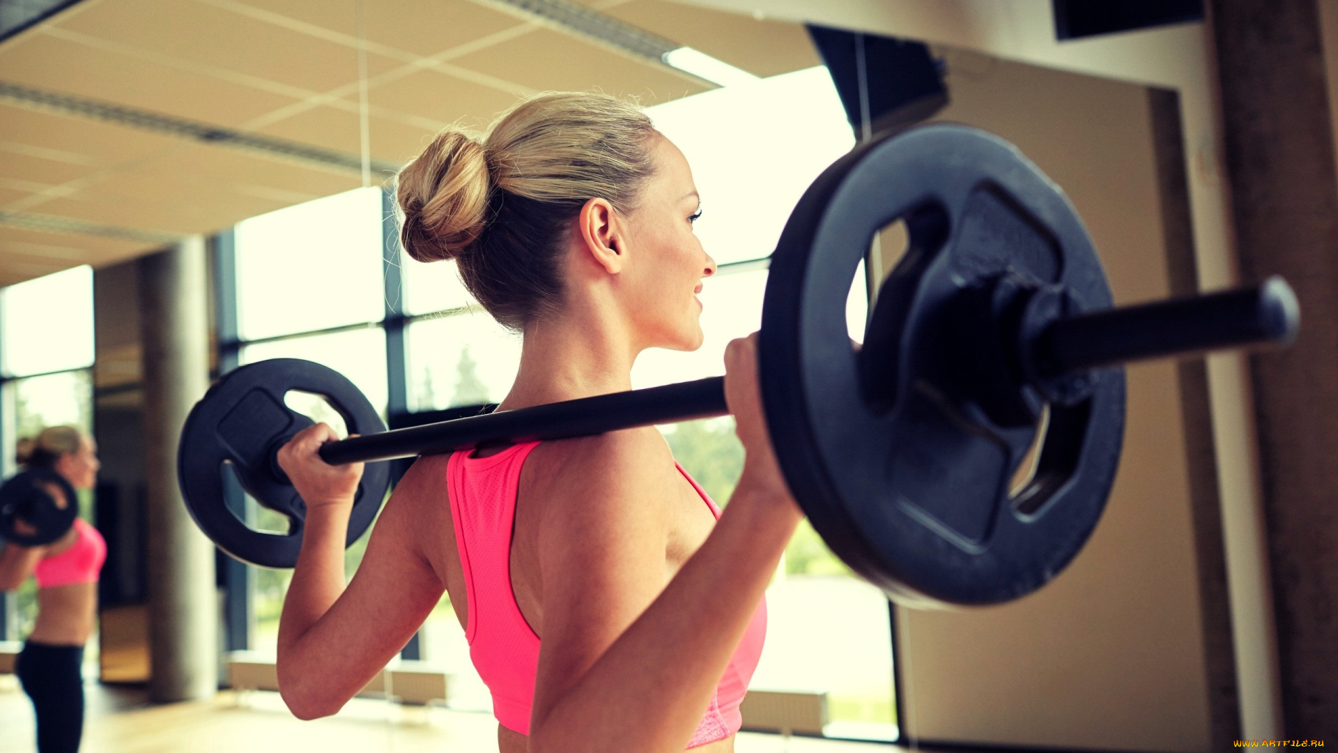 спорт, фитнес, блондинка, топ, штанга, зал