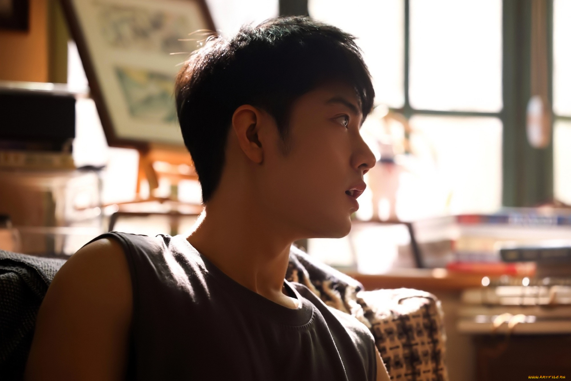 мужчины, xiao, zhan, актер, лицо, майка, окно