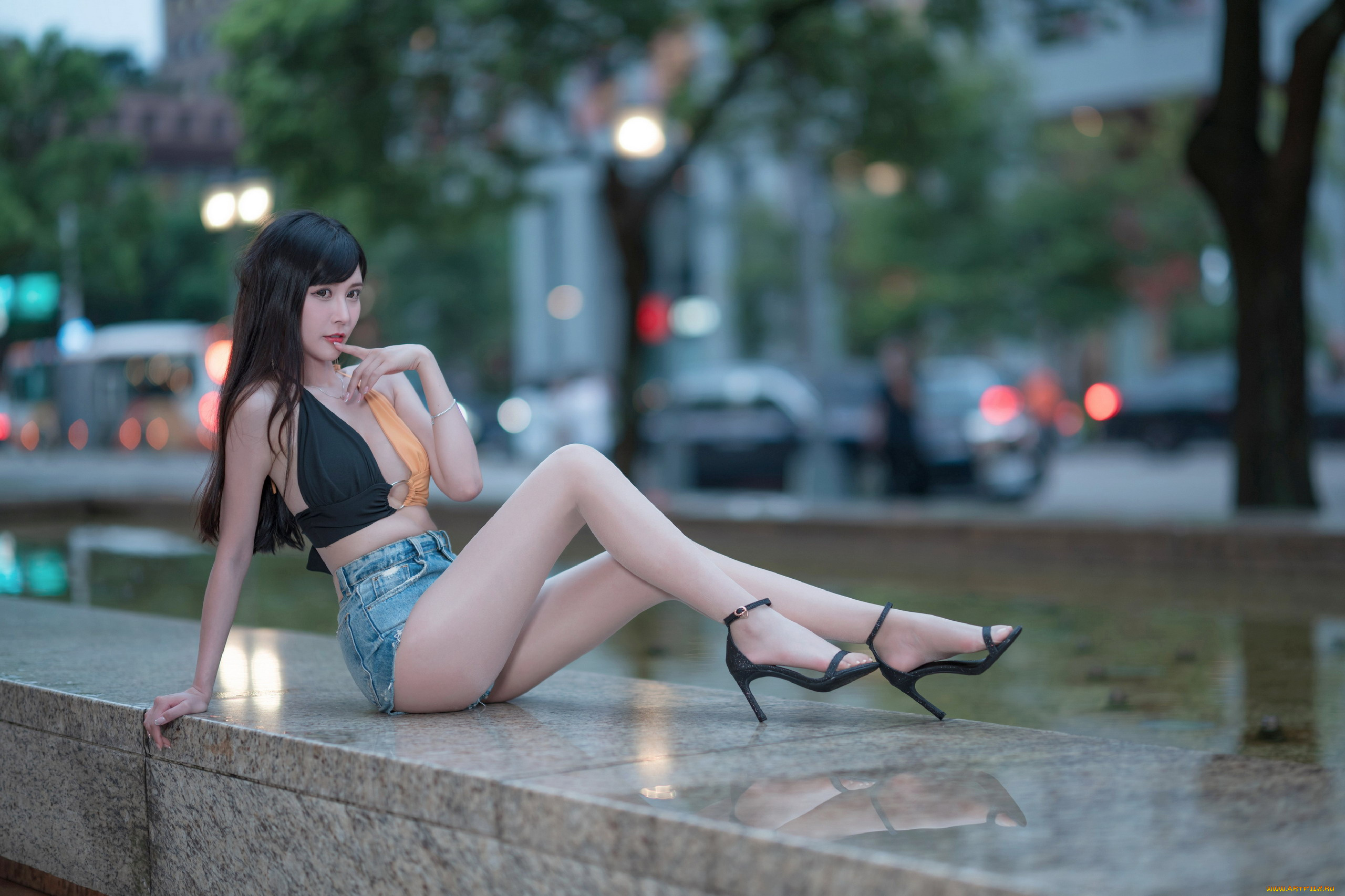 девушки, -, азиатки, азиатка, поза, шорты, топ