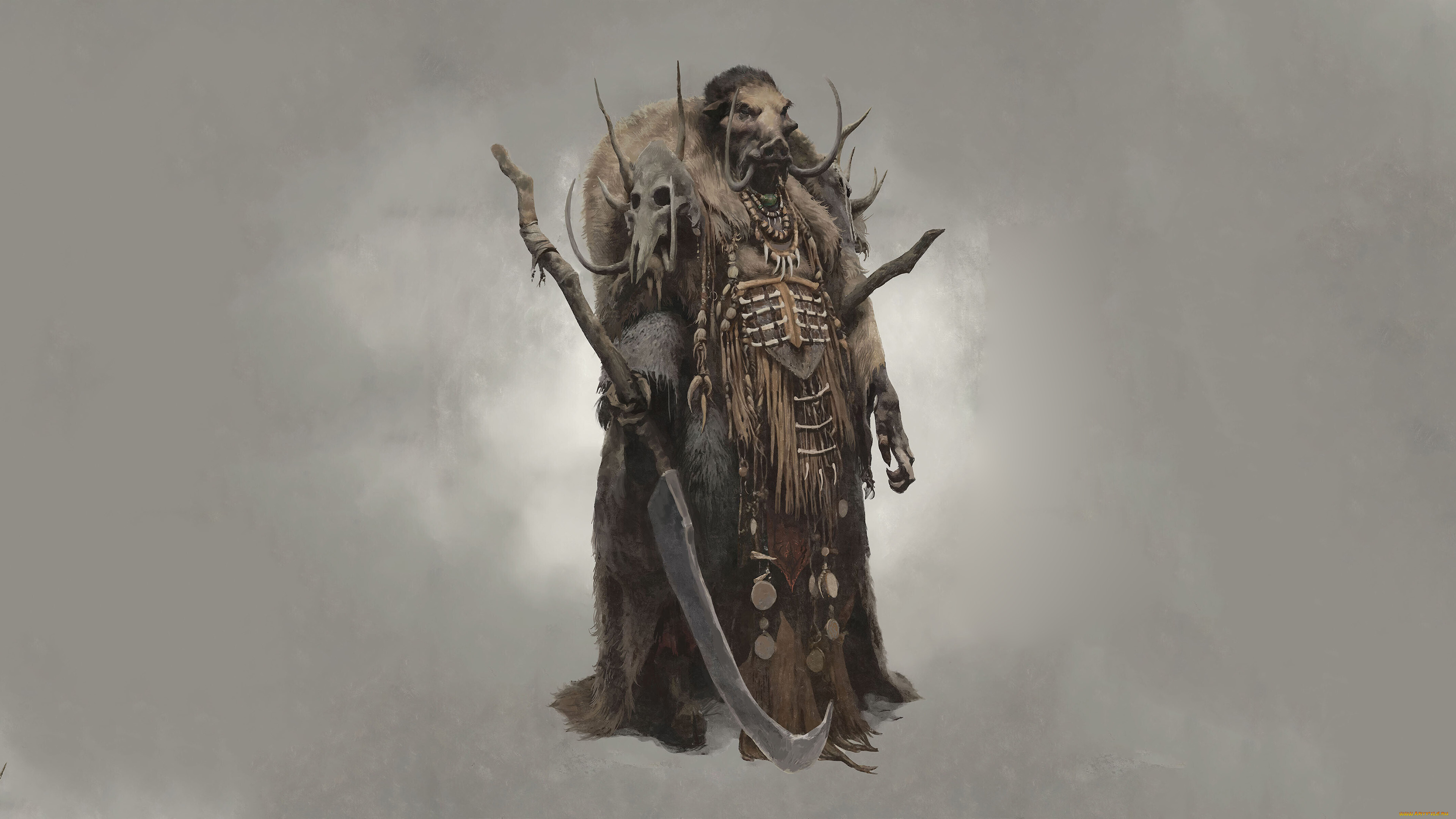 фэнтези, существа, череп, бивни, холодное, оружие