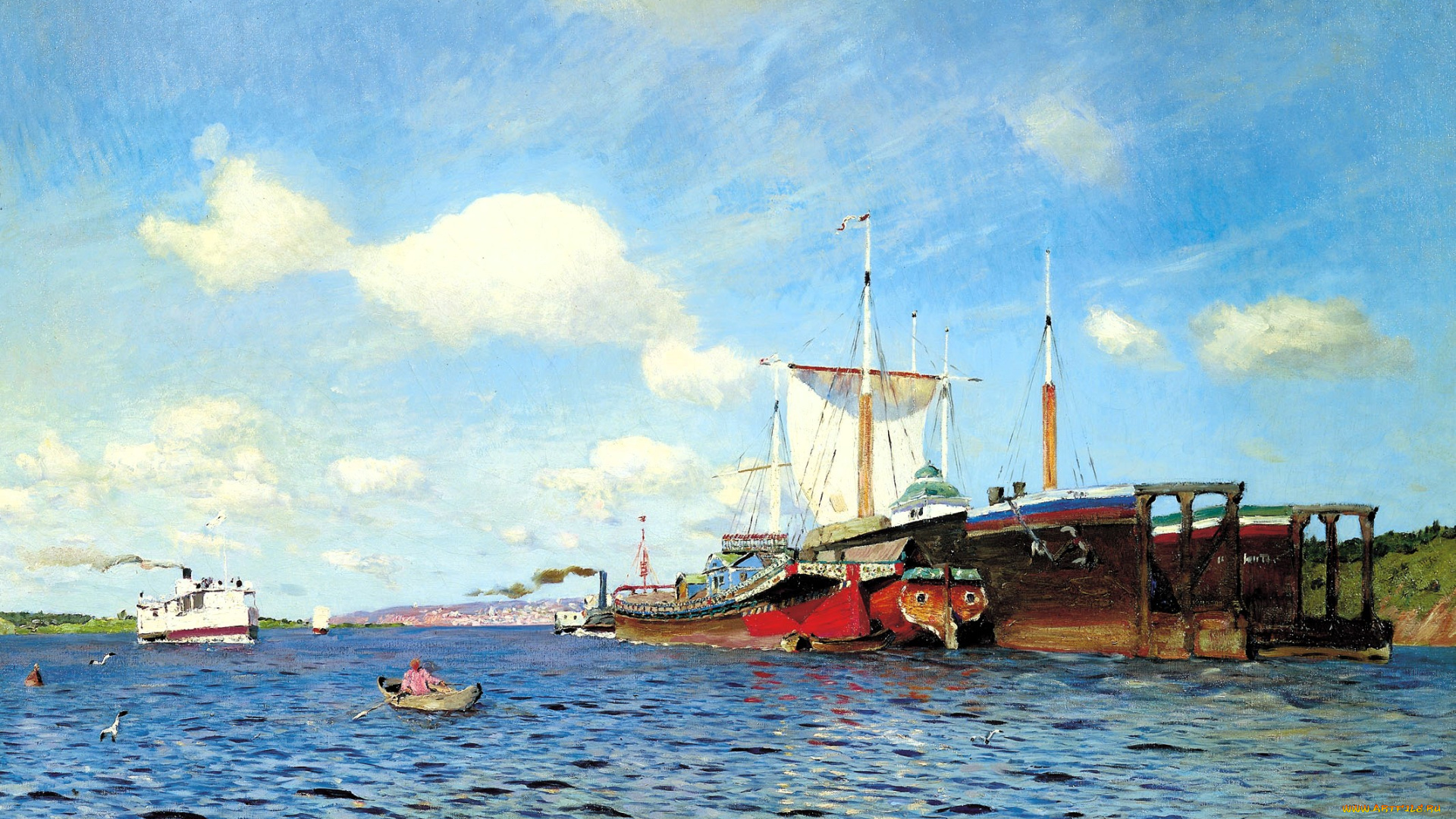 рисованное, исаак, левитан, корабли, река, облака