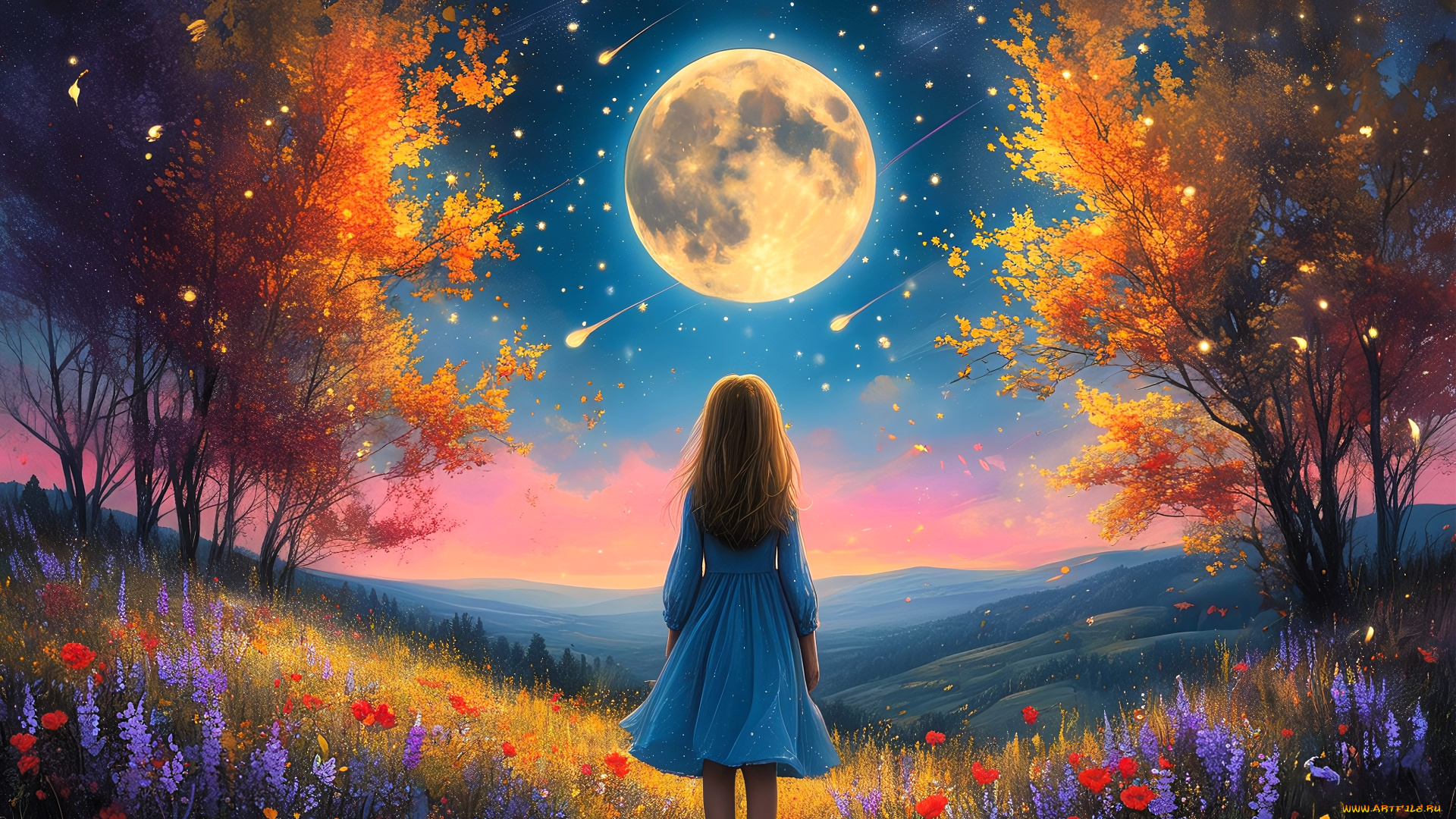 рисованное, дети, девочка, платье, луна, звездопад, деревья, холмы, луга, цветы, трава